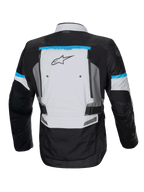 Alpinestars Giacca Bogotá Pro Drystar, giacca da moto adventure touring, grigio ghiaccio e nero con dettagli ciano, vista posteriore con pannelli di ventilazione.