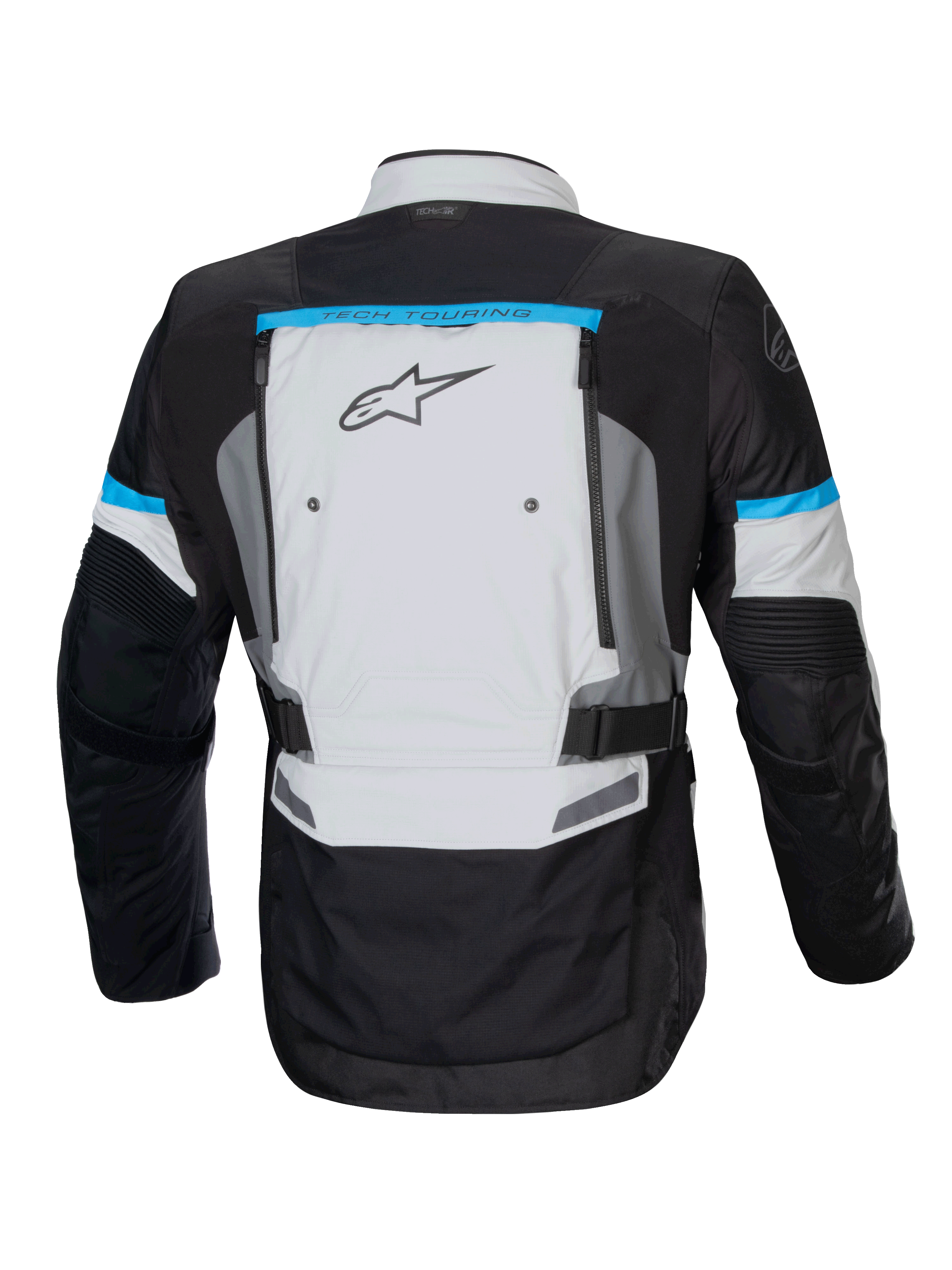 Alpinestars Giacca Bogotá Pro Drystar, giacca da moto adventure touring, grigio ghiaccio e nero con dettagli ciano, vista posteriore con pannelli di ventilazione.