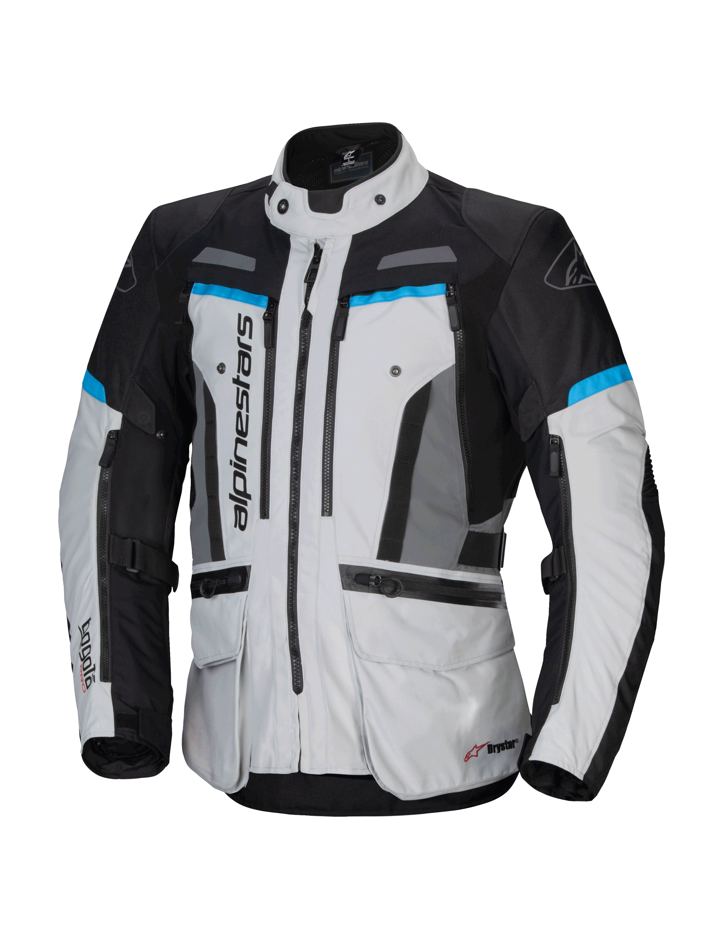 Alpinestars Giacca Bogotá Pro Drystar®, giacca da moto adventure touring da uomo, grigio ghiaccio e nero con accenti ciano, impermeabile, Tech-Air® Ready, certificata CE.