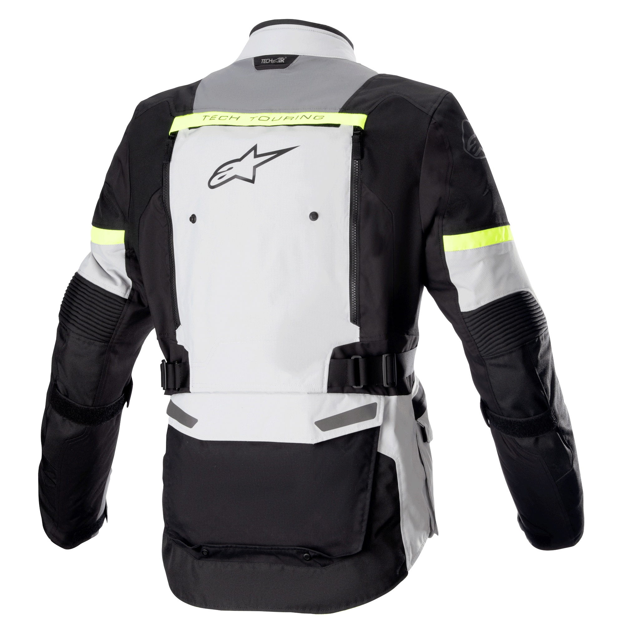 Giacca Alpinestars Bogota' Pro Drystar®, vista posteriore, grigio ghiaccio, grigio scuro e giallo fluo, con ampio pannello di ventilazione posteriore, inserti riflettenti giallo fluo e cinghie regolabili in vita, equipaggiamento moto adventure touring