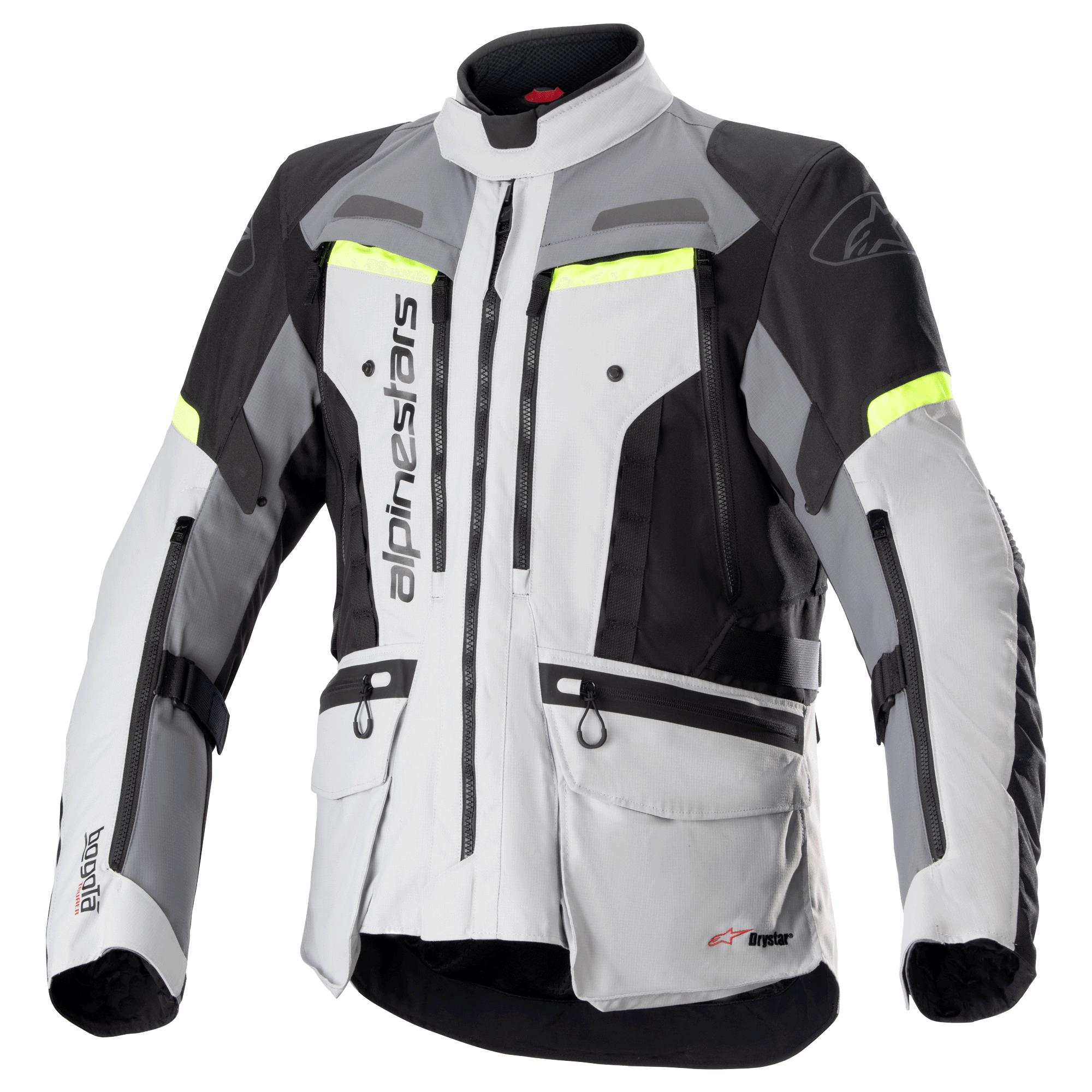 Giacca Alpinestars Bogotá Pro Drystar, giacca da moto adventure touring, grigio ghiaccio e grigio scuro con pannelli neri e accenti giallo fluo, dotata di tasche cargo multiple e cerniere di ventilazione, design in tessuto impermeabile e resistente per ogni condizione atmosferica