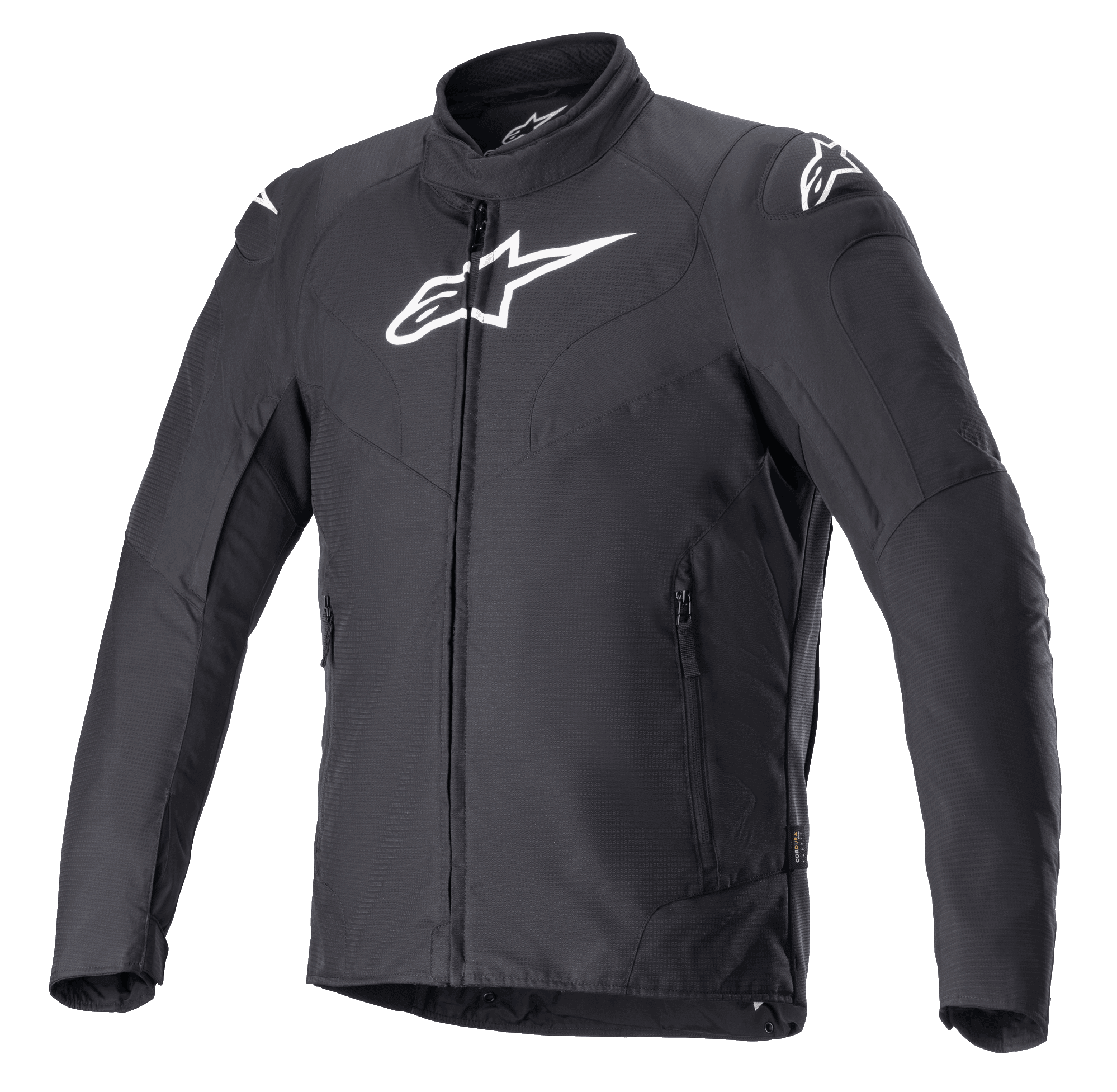 Alpinestars RX-3 Waterproof Jacket, giacca da moto nera, costruzione tecnica in Ripstop CORDURA, colletto alto con cerniera integrale, tasche laterali con zip, loghi Alpinestars bianchi su petto e spalle, vestibilità aderente per prestazioni su strada
