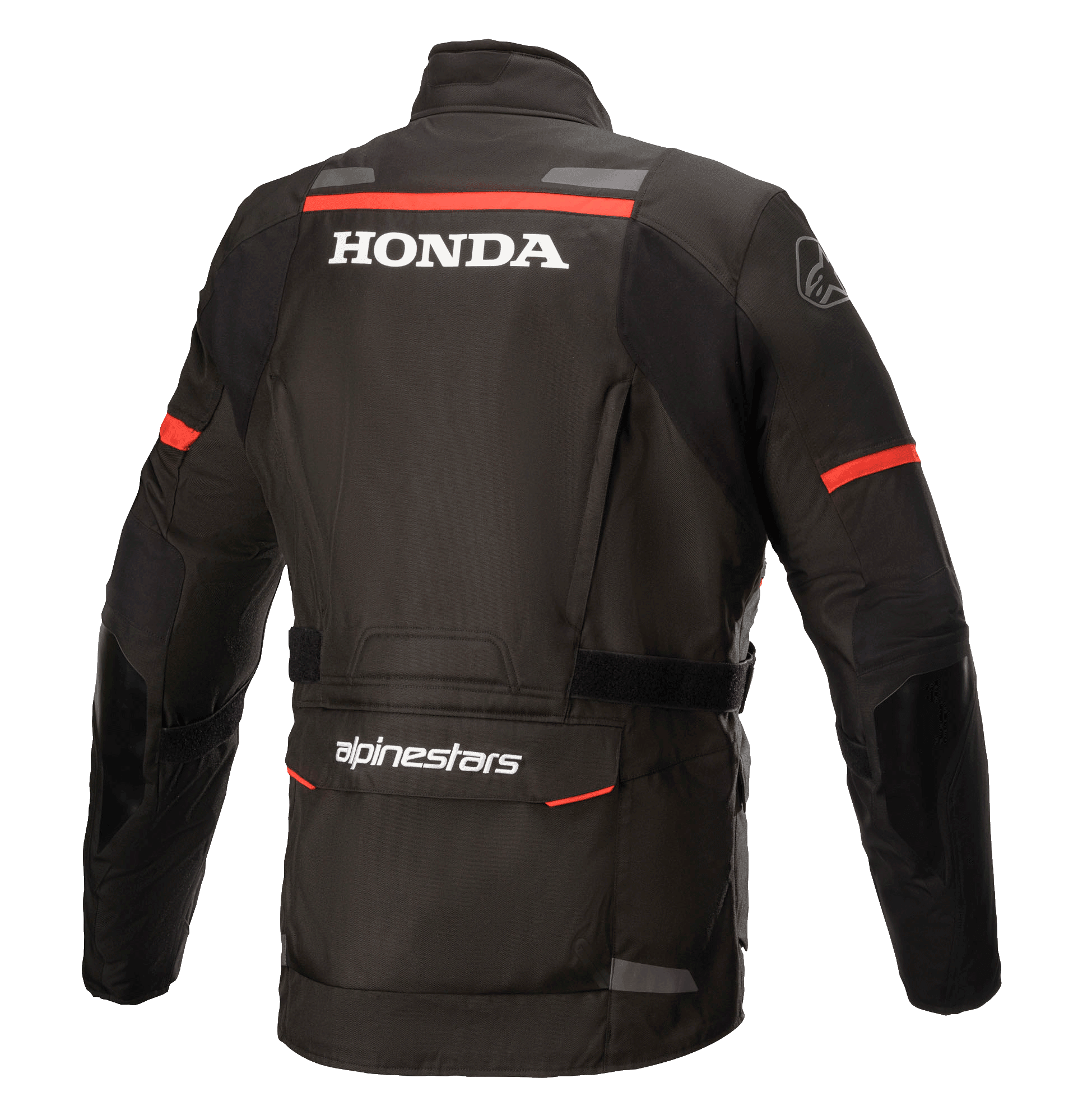 Giacca Alpinestars Honda Andes V3 Drystar®, nero, vista posteriore con loghi bianchi Honda e Alpinestars, strisce rosse su spalle e maniche, giacca da moto adventure touring con dettagli riflettenti e ampia tasca posteriore