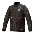 Giacca Honda Andes V3 Drystar, giacca moto touring, nera con dettagli rossi, vista frontale con grandi tasche cargo e cinghie regolabili, costruzione in tessuto tecnico con loghi Honda e Alpinestars, design di ispirazione adventure