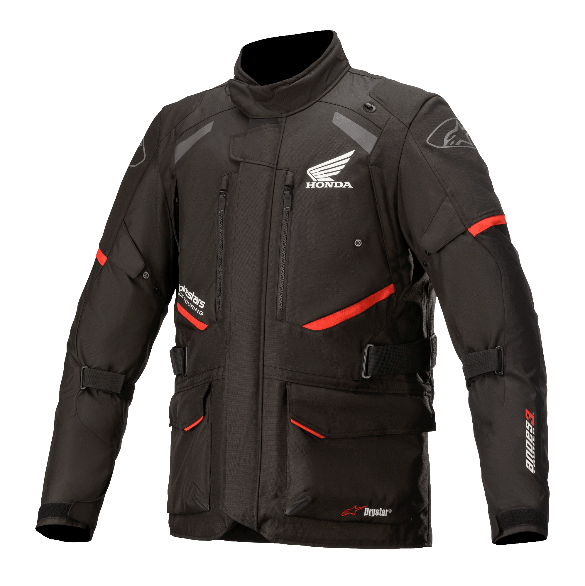 Giacca Honda Andes V3 Drystar, giacca moto touring, nera con dettagli rossi, vista frontale con grandi tasche cargo e cinghie regolabili, costruzione in tessuto tecnico con loghi Honda e Alpinestars, design di ispirazione adventure