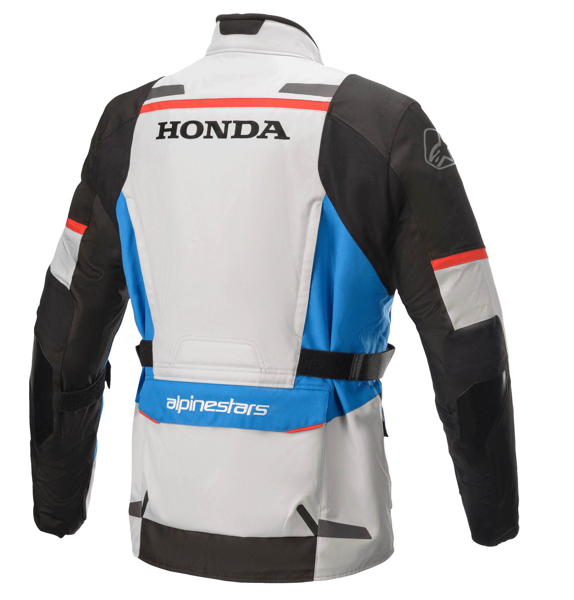 Giacca Alpinestars Honda Andes V3 Drystar®, giacca da touring adventure in tessuto, grigio ghiaccio, blu e rosso acceso, vista posteriore con loghi Honda e Alpinestars, maniche nere, dettagli blu e cinturini regolabili in vita