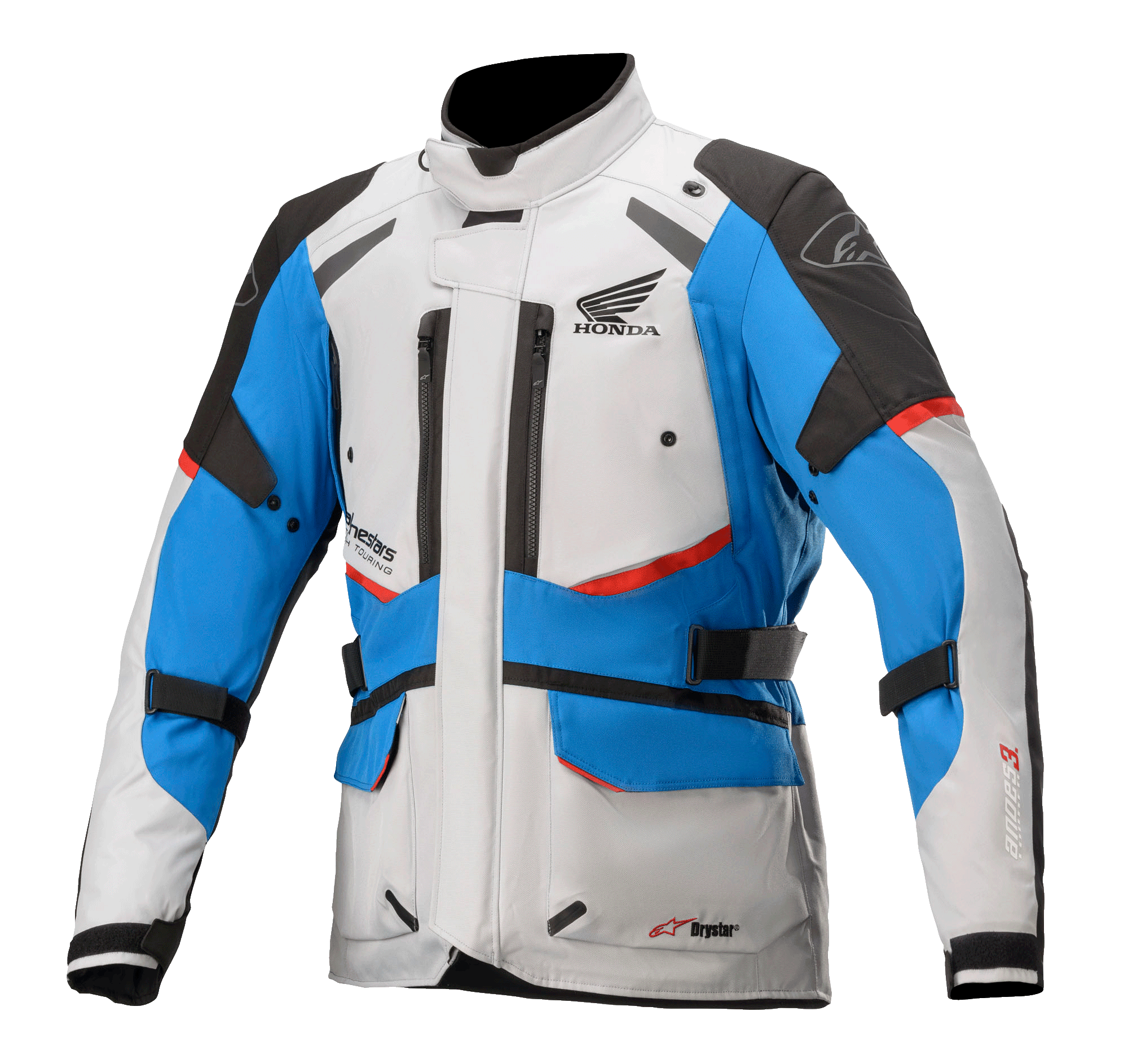 Giacca Alpinestars Honda Andes V3 Drystar®, giacca da moto touring, grigio ghiaccio, blu e rosso acceso, design impermeabile con collo alto, prese d'aria multiple con cerniera, tasche cargo e cinghie regolabili, con marchio Honda