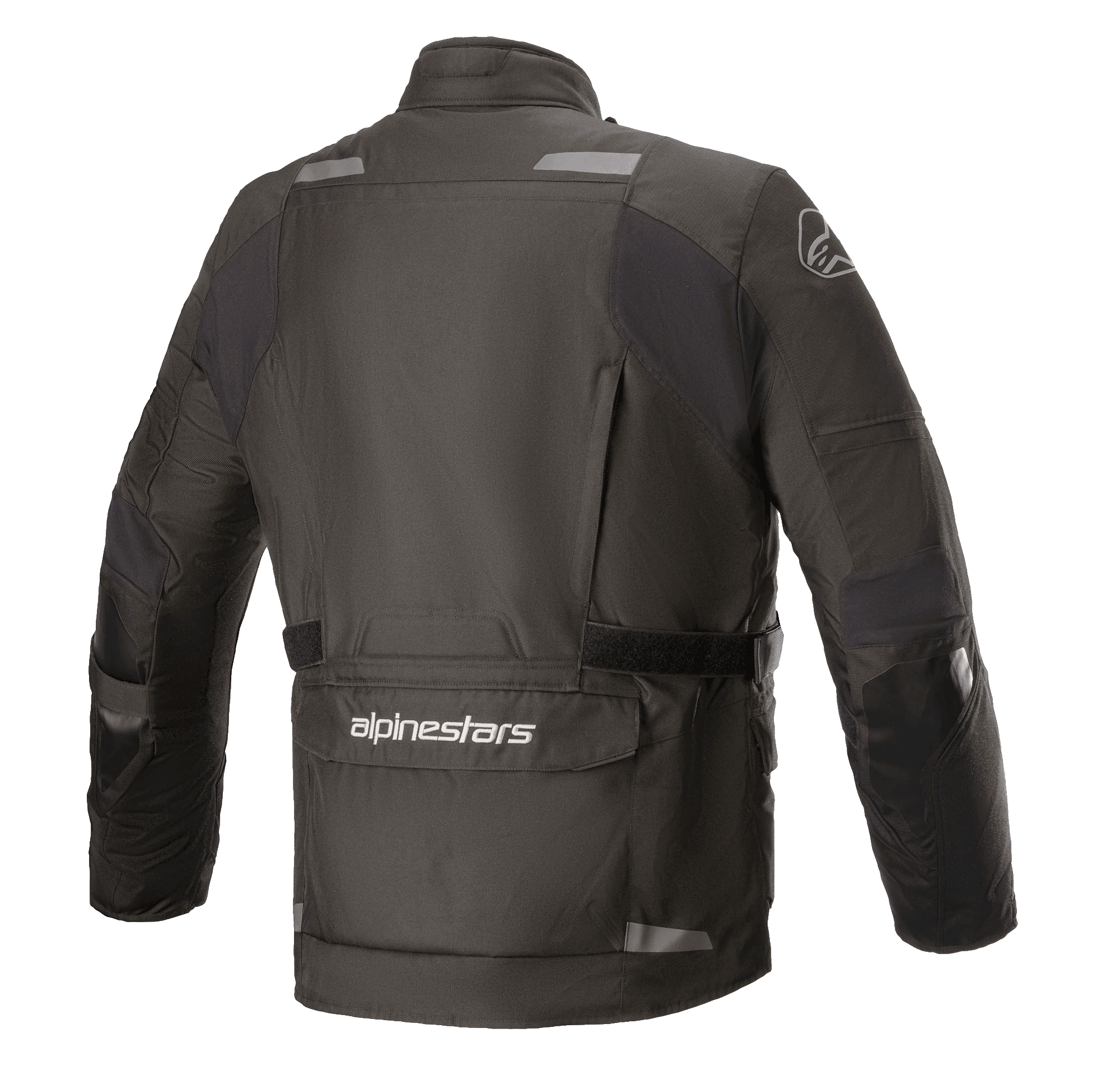 Giacca Alpinestars Andes V3 Drystar®, giacca da moto, nero, vista posteriore con un'ampia tasca utility inferiore con marchio Alpinestars, dettagli riflettenti sulle spalle e cintura regolabile in vita, design in tessuto resistente per il touring adventure