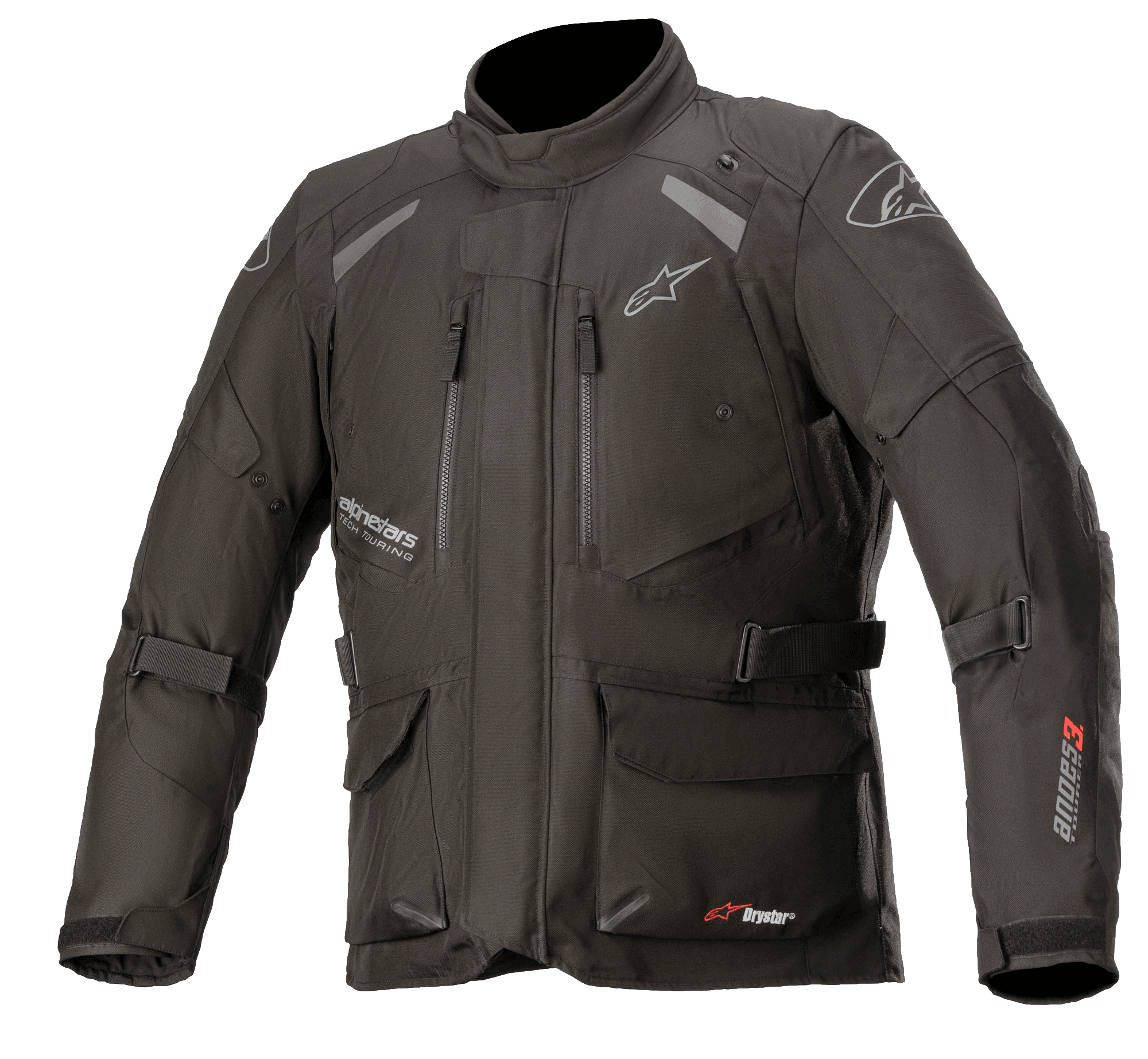 Giacca Alpinestars Andes V3 Drystar, giacca da moto adventure touring, nera con loghi bianchi e rossi, dotata di tasche cargo impermeabili multiple, cinghie regolabili per una vestibilità personalizzata, costruzione in tessuto resistente alle intemperie, pannelli riflettenti per la visibilità