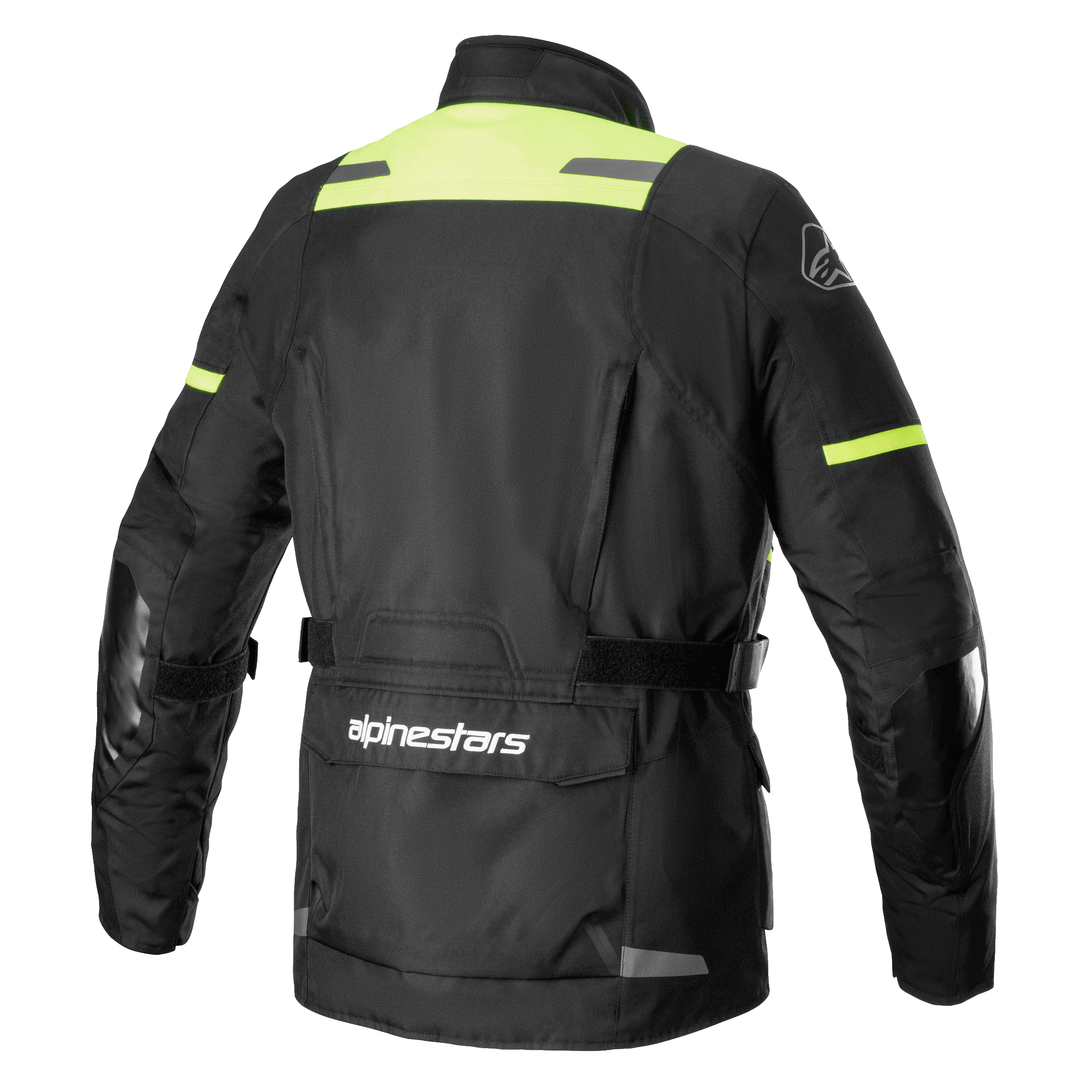 Alpinestars Andes V3 Drystar® Jacket, vista posteriore di giacca da moto adventure in Nero e Giallo Fluo, caratterizzata da un'ampia tasca porta-oggetti sulla parte bassa della schiena con logo Alpinestars, pannelli sulle spalle ad alta visibilità e cinghie di regolazione in vita.