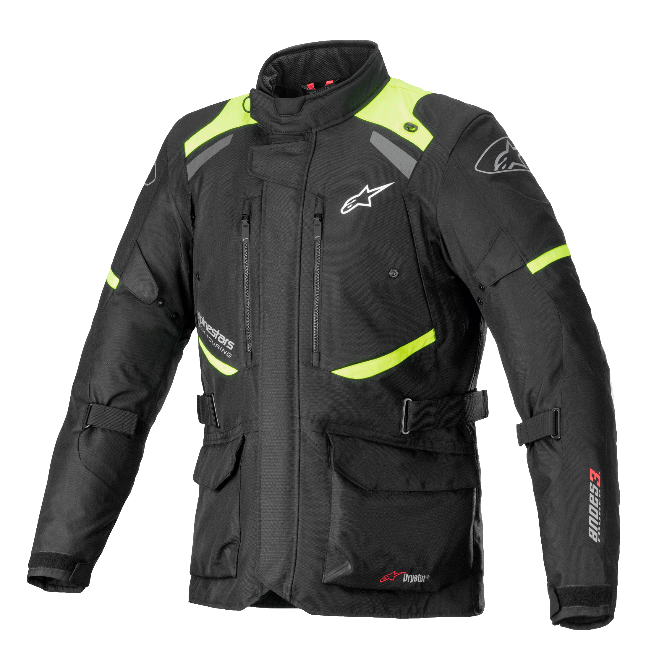 Giacca Alpinestars Andes V3 Drystar, giacca da moto touring, nero con accenti giallo fluo, dotata di prese d'aria sul petto con zip, grandi tasche cargo frontali, cinghie di regolazione in vita e marchio Alpinestars, abbigliamento tecnico da avventura impermeabile