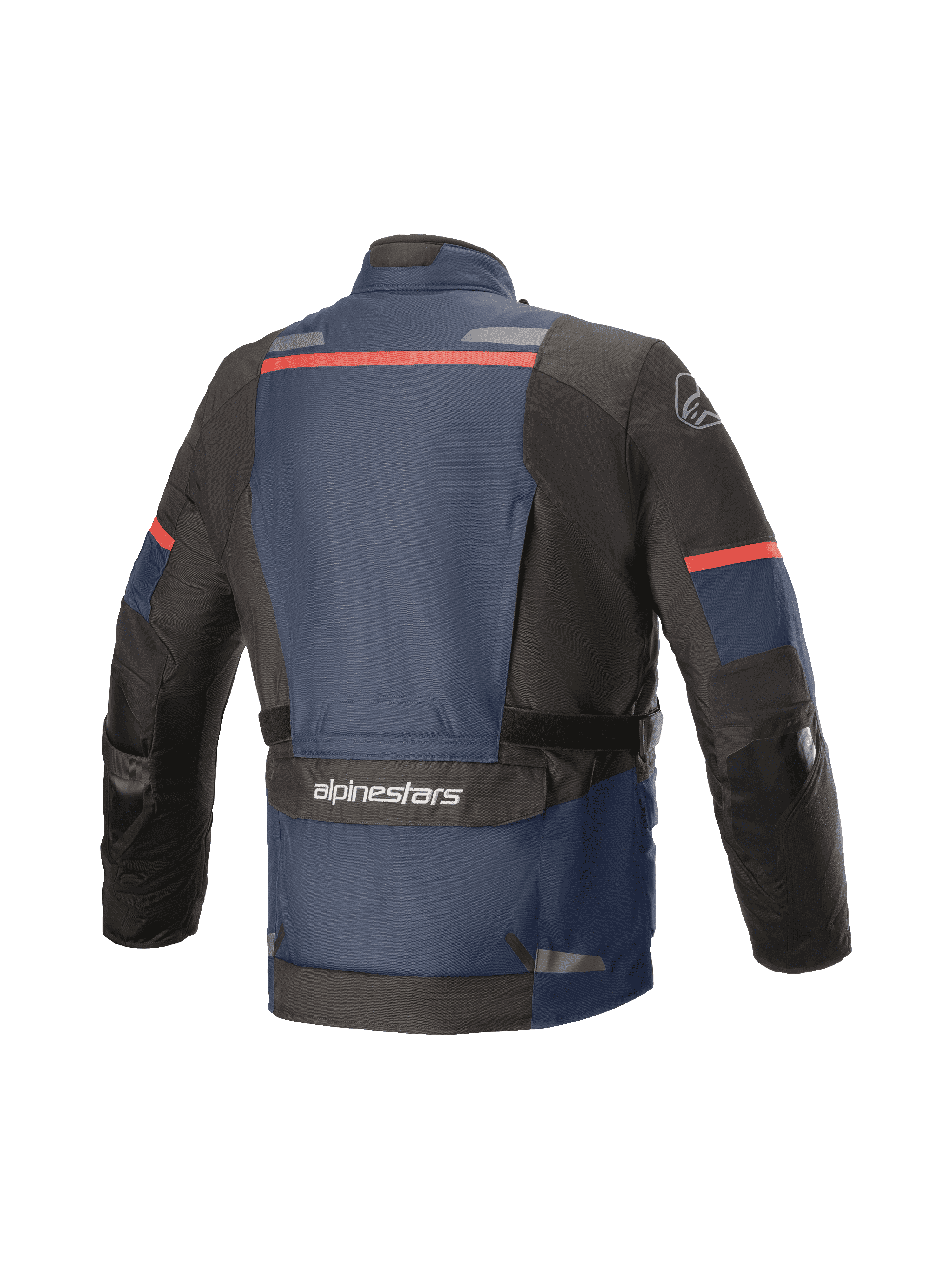 Giacca Alpinestars Andes V3 Drystar®, giacca da moto adventure touring, vista posteriore, blu scuro e nero con accenti rossi, ampia tasca utility sulla parte inferiore della schiena con logo Alpinestars, strisce riflettenti, sezioni rinforzate sui gomiti