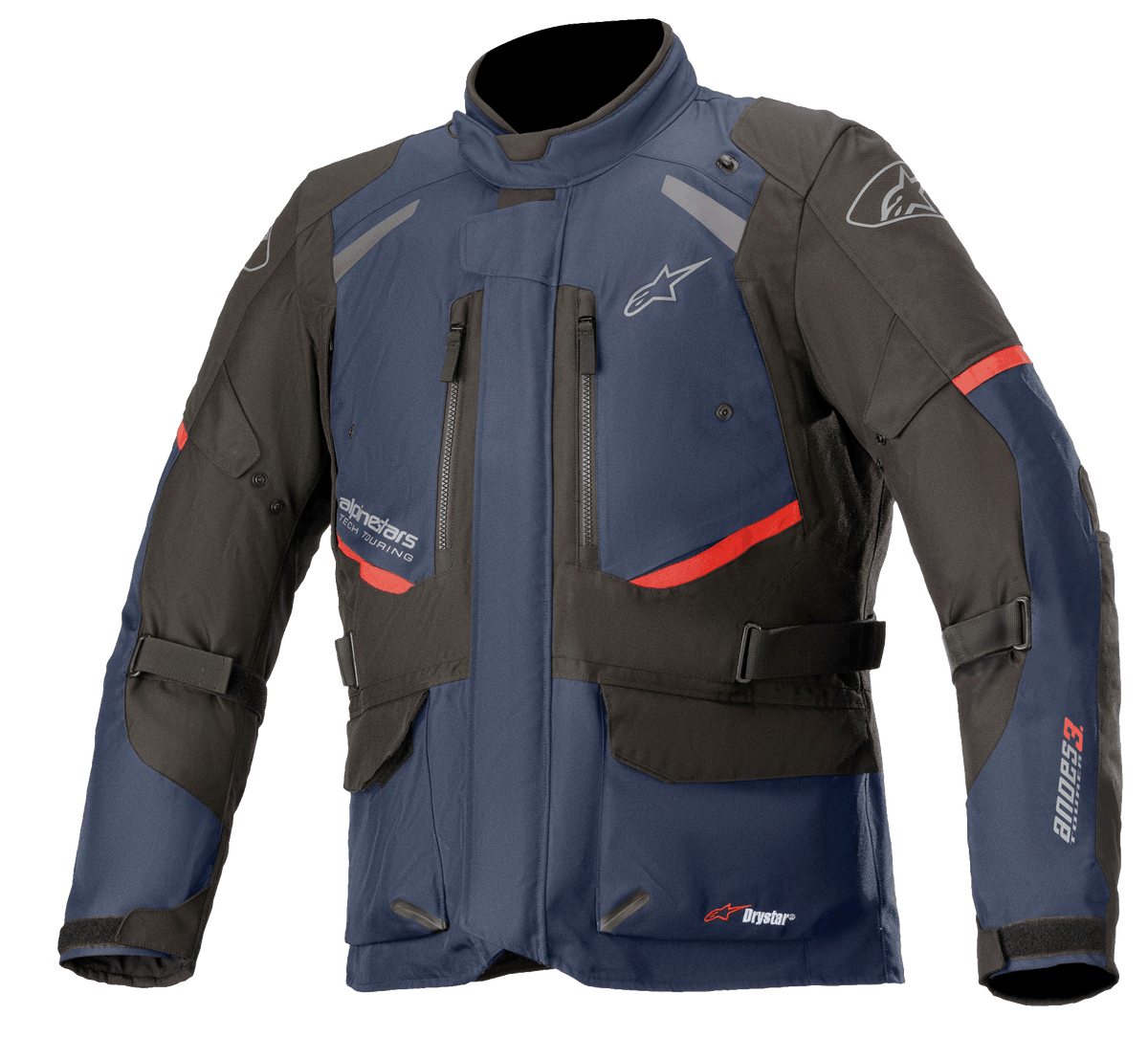 Alpinestars Andes V3 Drystar Jacket, giacca da moto touring, blu scuro e nero con accenti rossi, vista frontale con prese d'aria sul petto con zip, cinghie regolabili in vita e colletto alto, costruzione in tessuto impermeabile per guida adventure
