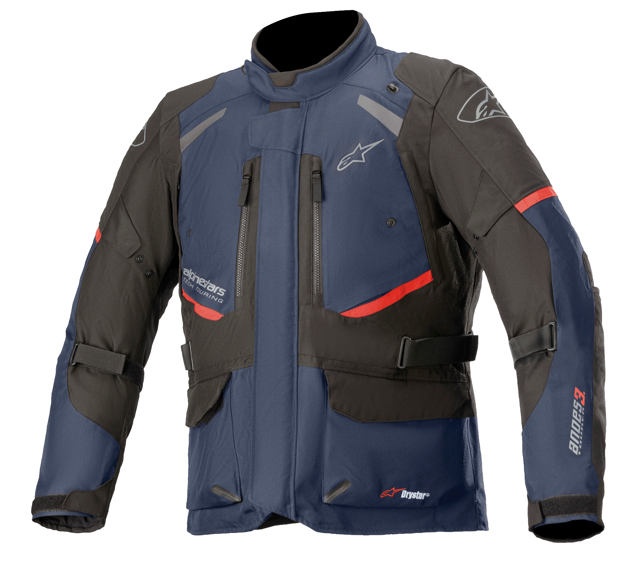 Alpinestars Andes V3 Drystar Jacket, giacca da moto touring, blu scuro e nero con accenti rossi, vista frontale con prese d'aria sul petto con zip, cinghie regolabili in vita e colletto alto, costruzione in tessuto impermeabile per guida adventure