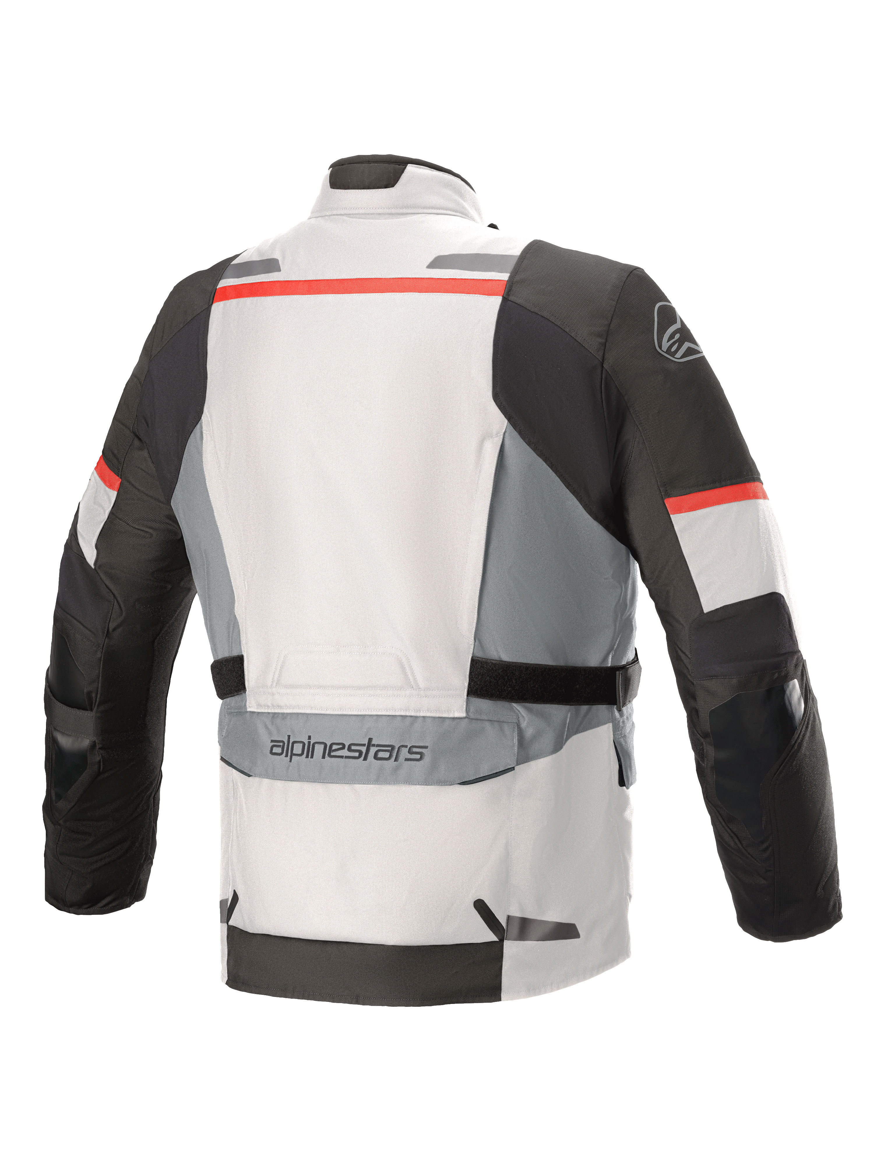 Giacca Alpinestars Andes V3 Drystar®, grigio ghiaccio e grigio scuro con accenti rossi, vista posteriore con ampia tasca utility sulla parte bassa della schiena, cinturini di regolazione in vita e dettagli riflettenti su spalle e bordo inferiore.