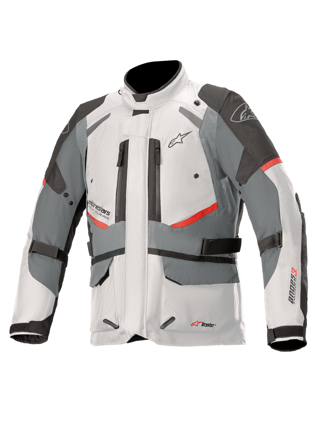 Giacca Alpinestars Andes V3 Drystar, giacca da moto adventure touring, grigio ghiaccio e grigio scuro con dettagli rossi, costruzione in tessuto impermeabile con cinghie di regolazione e prese d'aria con cerniera, design a collo alto per protezione in tutte le condizioni atmosferiche