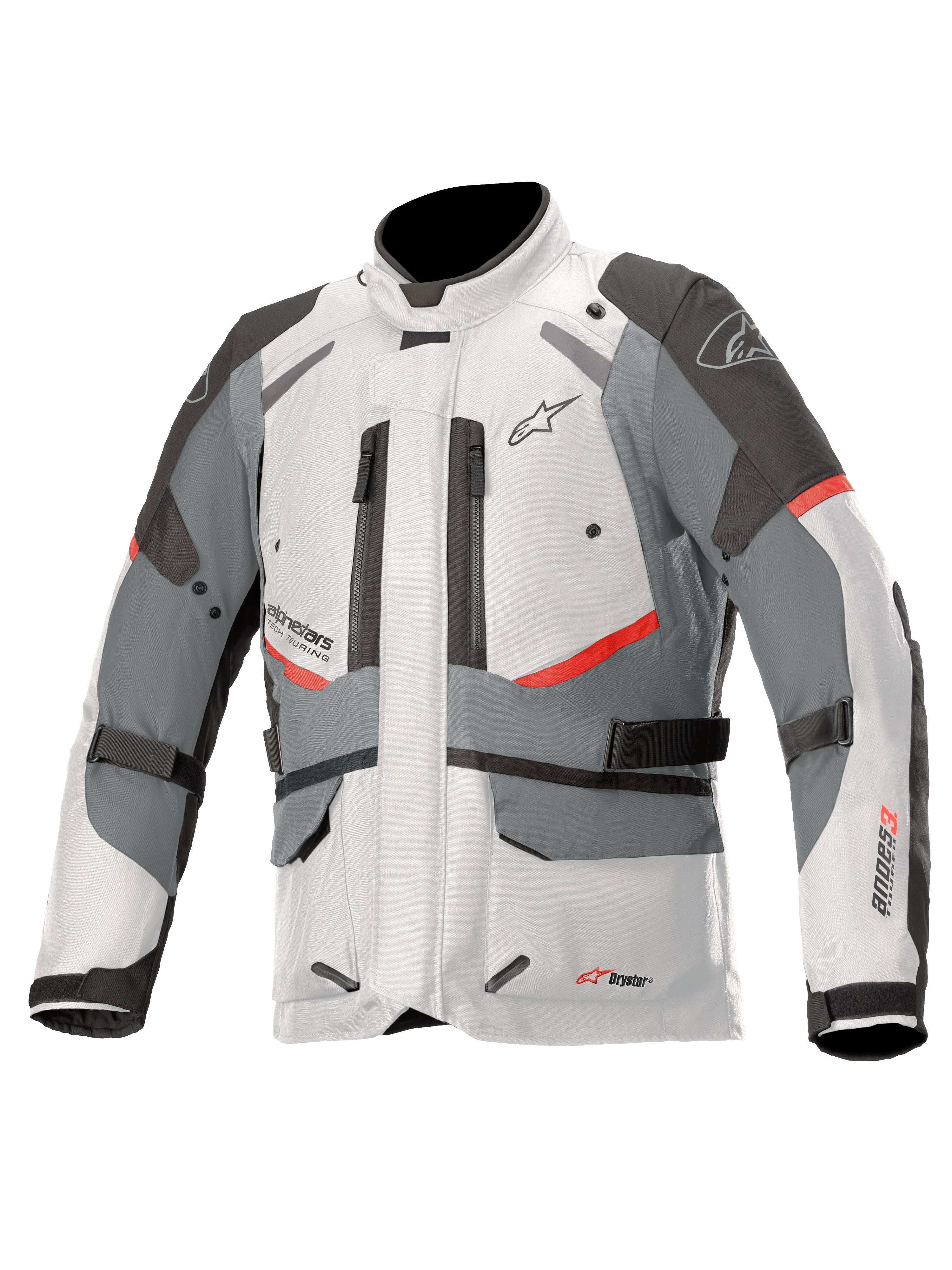 Giacca Alpinestars Andes V3 Drystar, giacca da moto adventure touring, grigio ghiaccio e grigio scuro con dettagli rossi, costruzione in tessuto impermeabile con cinghie di regolazione e prese d'aria con cerniera, design a collo alto per protezione in tutte le condizioni atmosferiche