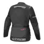 Giacca Alpinestars Andes Air Drystar®, giacca da moto, nero, vista posteriore con ampi pannelli di ventilazione in rete, strisce riflettenti sulla parte superiore della schiena e sulle maniche e grande scritta Alpinestars sul bordo inferiore.