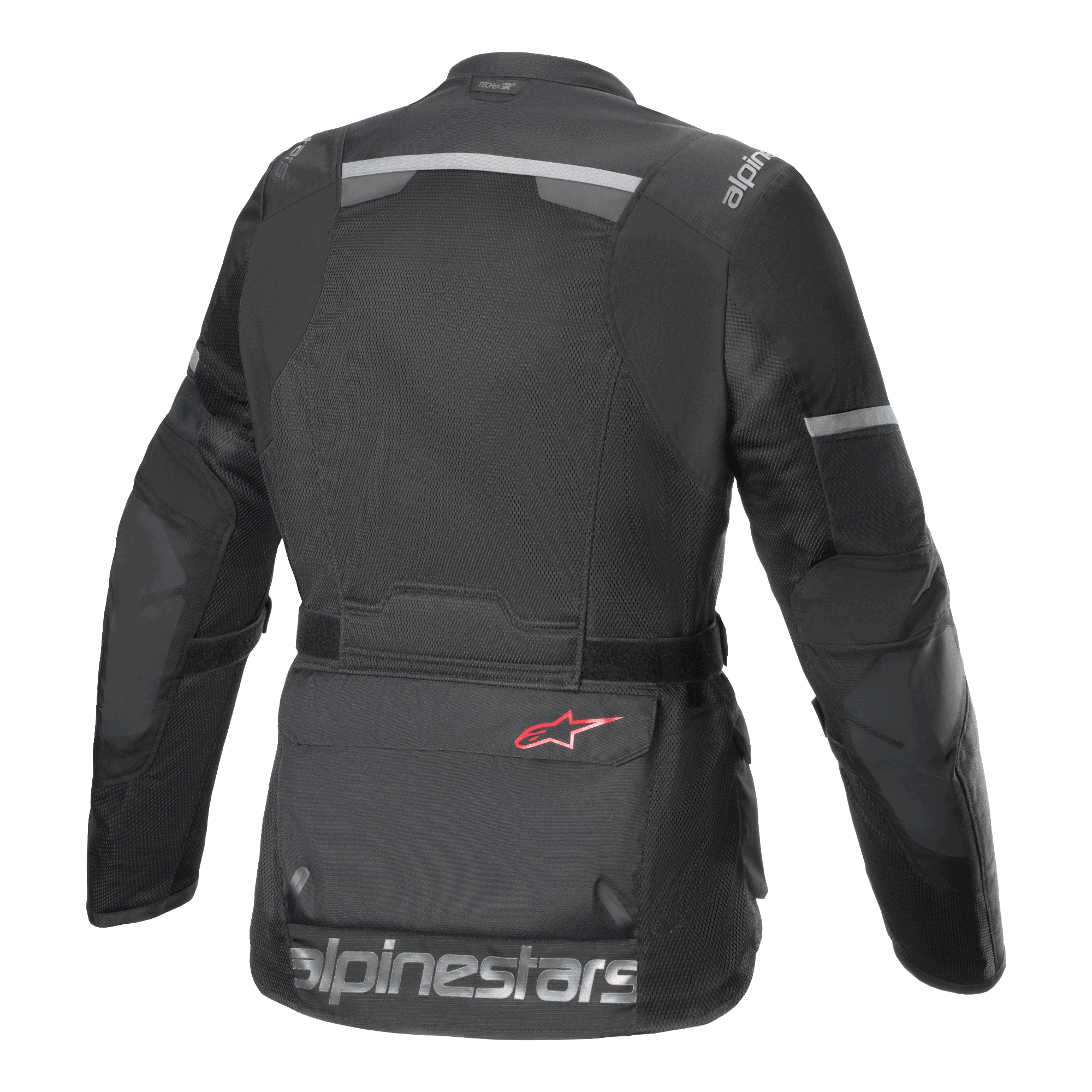 Giacca Alpinestars Andes Air Drystar®, giacca da moto, nero, vista posteriore con ampi pannelli di ventilazione in rete, strisce riflettenti sulla parte superiore della schiena e sulle maniche e grande scritta Alpinestars sul bordo inferiore.