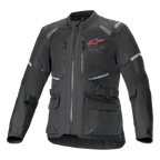 Giacca Alpinestars Andes Air Drystar, giacca da moto Adventure Touring nera, vista frontale, con ampi pannelli di ventilazione in rete, logo Alpinestars rosso sul petto, inserti riflettenti e tasche cargo frontali.