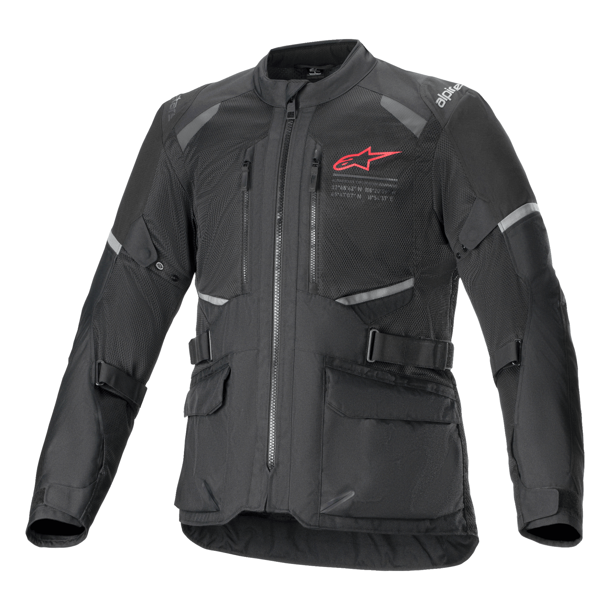 Giacca Alpinestars Andes Air Drystar, giacca da moto Adventure Touring nera, vista frontale, con ampi pannelli di ventilazione in rete, logo Alpinestars rosso sul petto, inserti riflettenti e tasche cargo frontali.