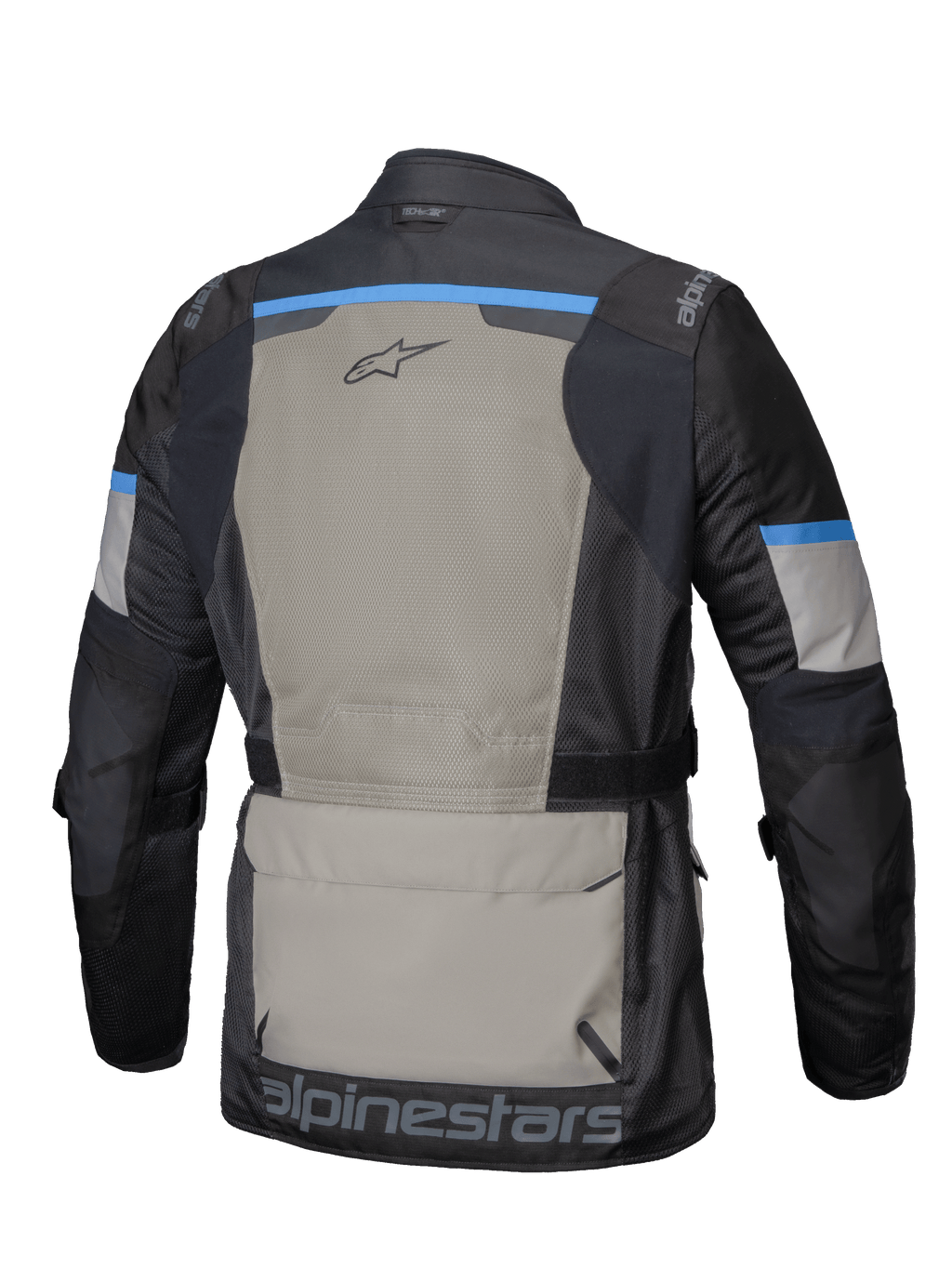Alpinestars Giacca Andes Air Drystar®, giacca da moto adventure touring da uomo, vista posteriore con ampia ventilazione in rete 2D e grande tasca portaoggetti, nero, grigio e blu, certificata CE