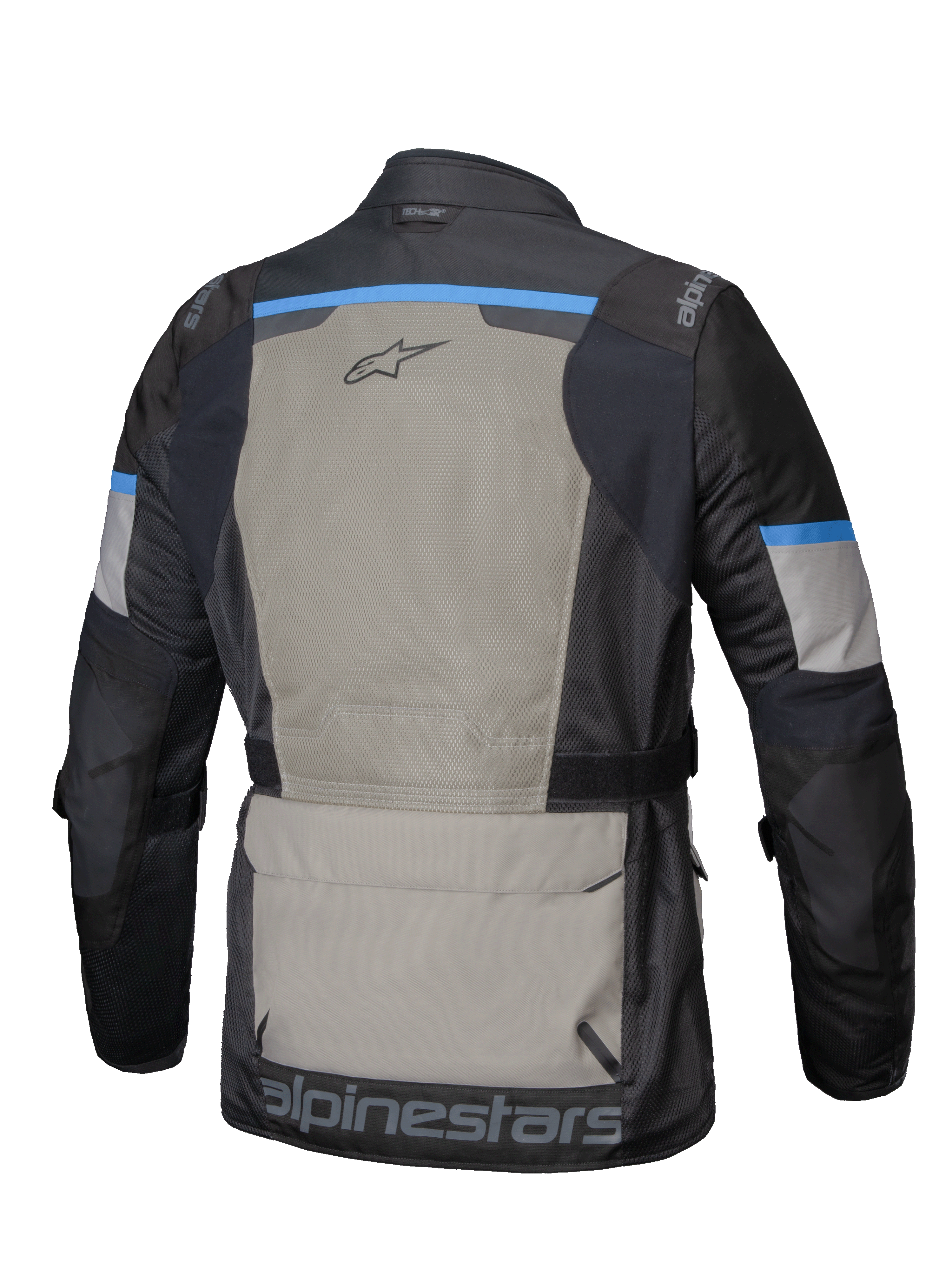 Alpinestars Giacca Andes Air Drystar®, giacca da moto adventure touring da uomo, vista posteriore con ampia ventilazione in rete 2D e grande tasca portaoggetti, nero, grigio e blu, certificata CE