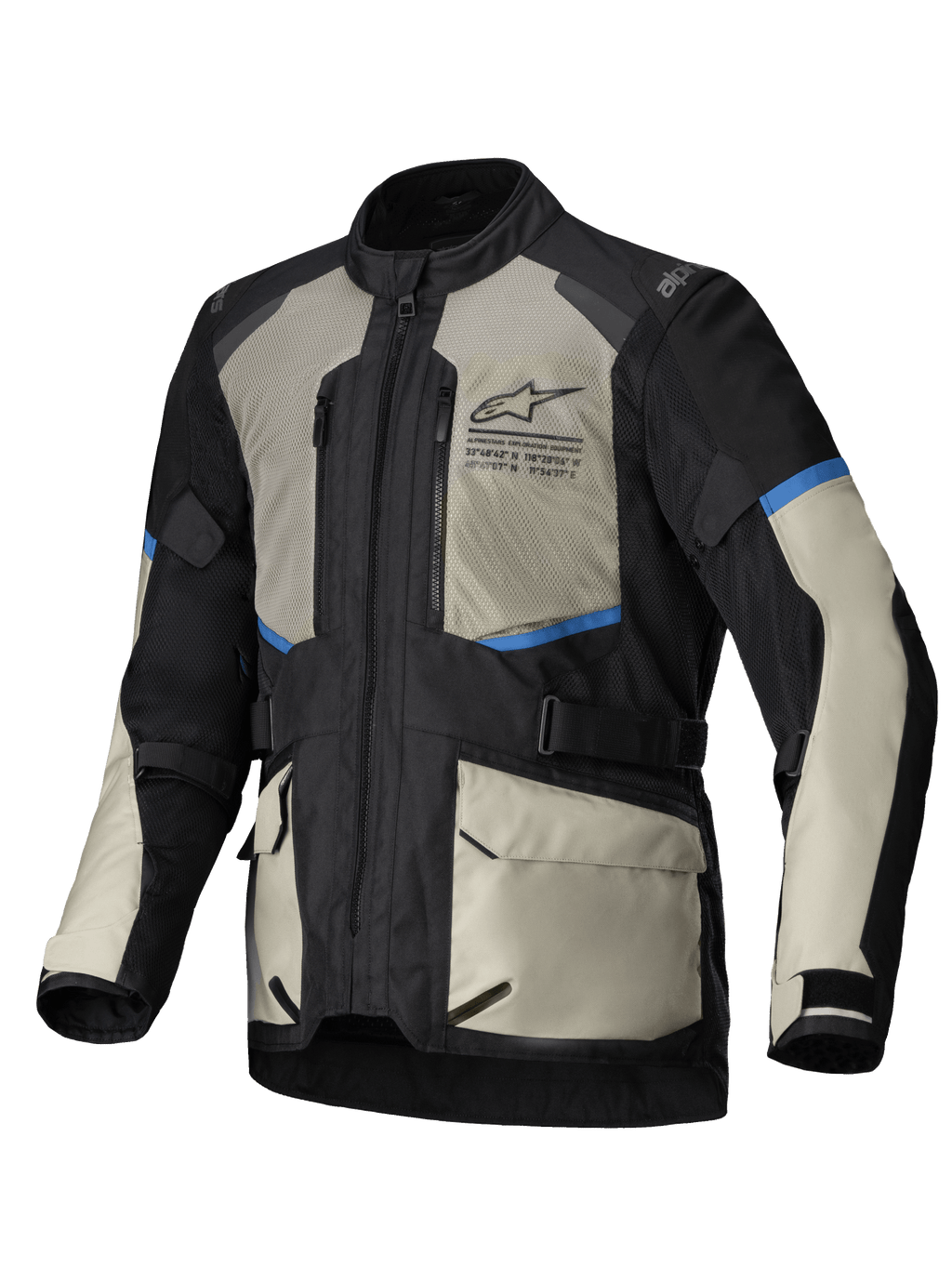 Alpinestars Giacca Andes Air Drystar, giacca da moto touring da uomo, nera, grigio chiaro e blu brillante, con ventilazione in rete e membrana impermeabile staccabile