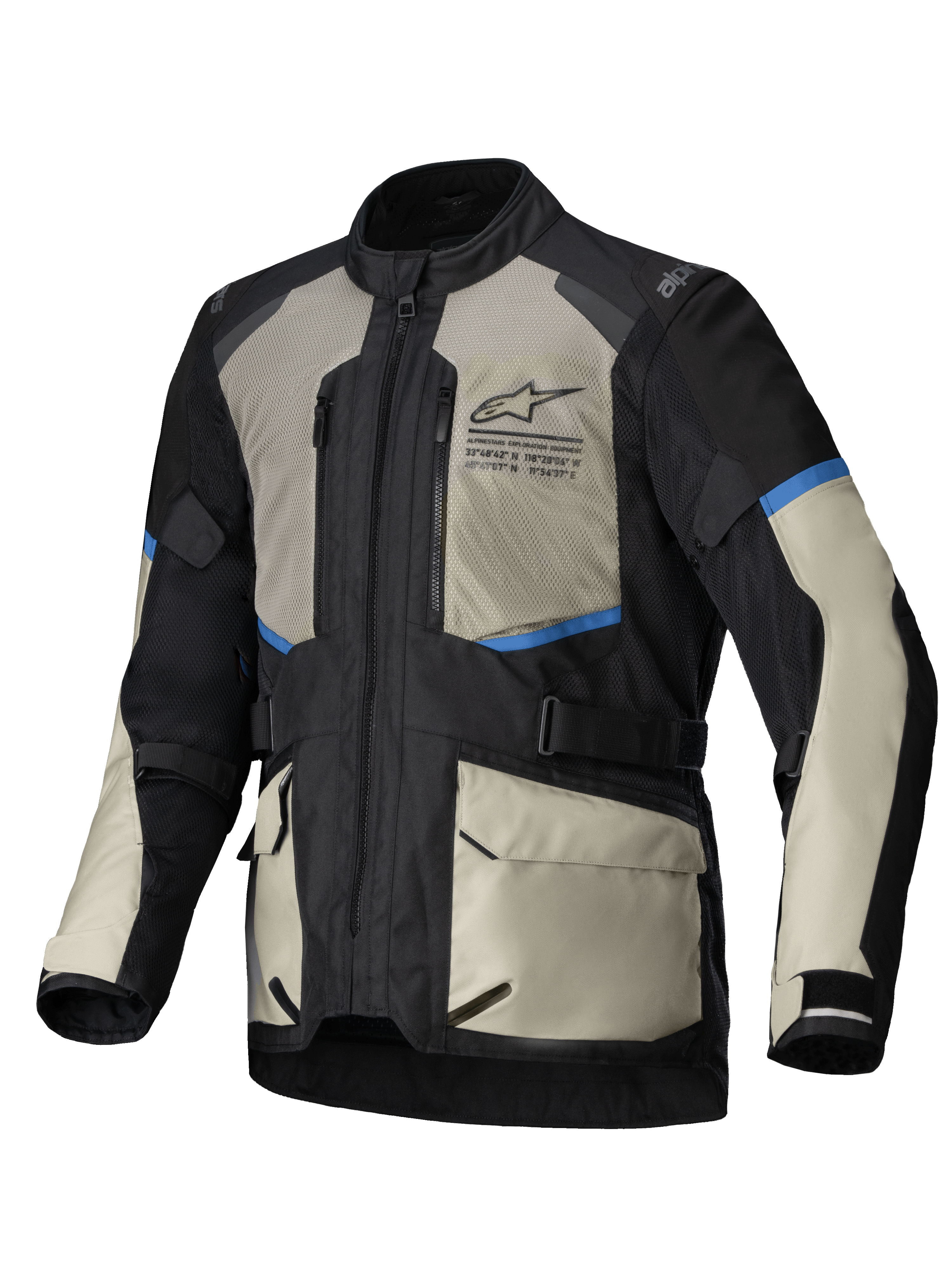Alpinestars Giacca Andes Air Drystar, giacca da moto touring da uomo, nera, grigio chiaro e blu brillante, con ventilazione in rete e membrana impermeabile staccabile