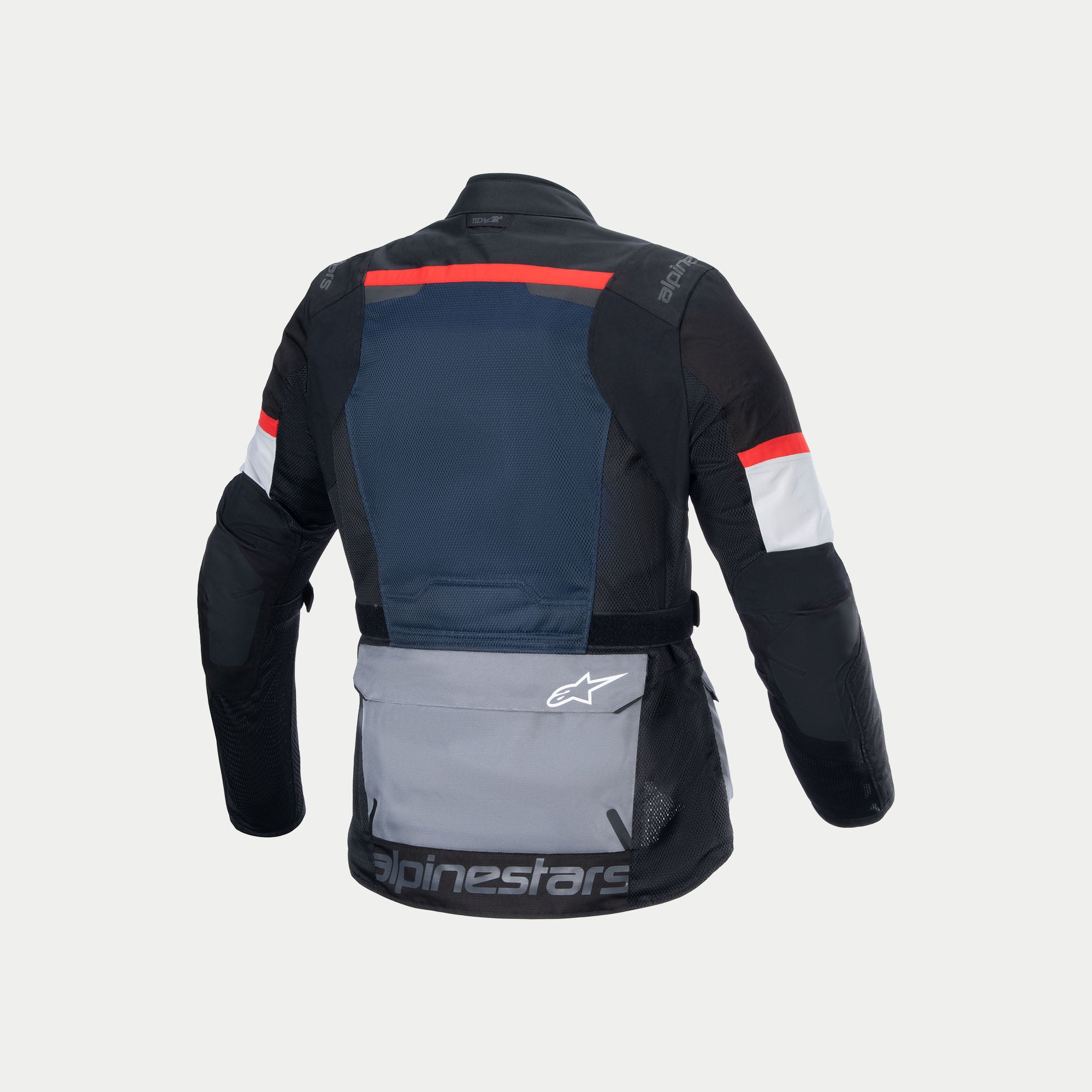 Alpinestars Giacca Andes Air Drystar, giacca da moto adventure touring da uomo, blu profondo, nero e grigio ghiaccio, vista posteriore con pannelli in rete 2D, tasca inferiore e dettagli riflettenti