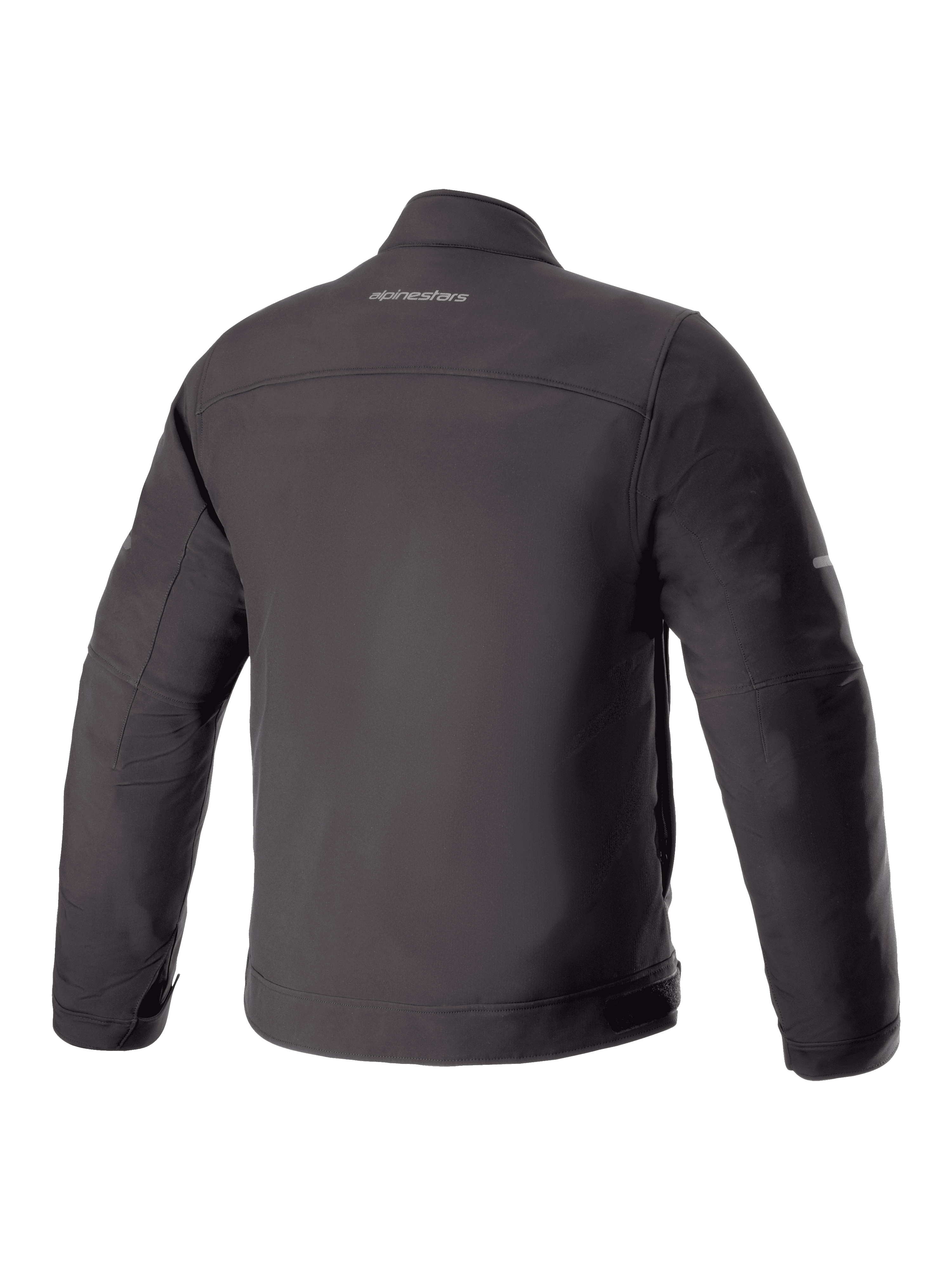 Alpinestars Husker Waterproof Jacket, giacca da moto, nera, vista posteriore con materiale softshell opaco e logo Alpinestars centrato sulla parte superiore della schiena, design tecnico urbano.
