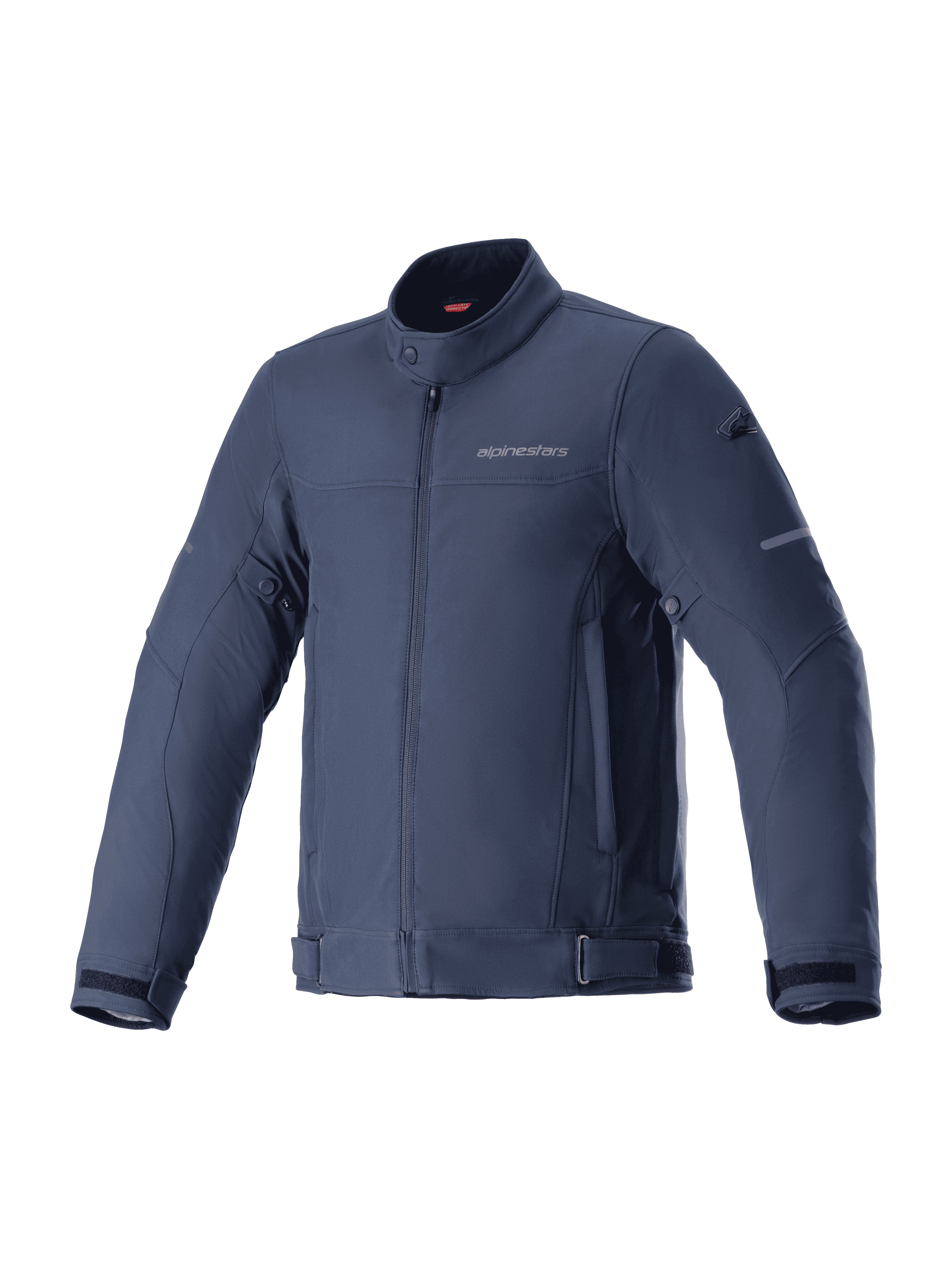 Alpinestars Husker Waterproof Jacket, giacca da moto, Night Navy, softshell elasticizzato blu scuro con collo alto e cerniera frontale, cinturini regolabili su vita e maniche, logo discreto sul petto, abbigliamento per pendolarismo urbano e guida su strada