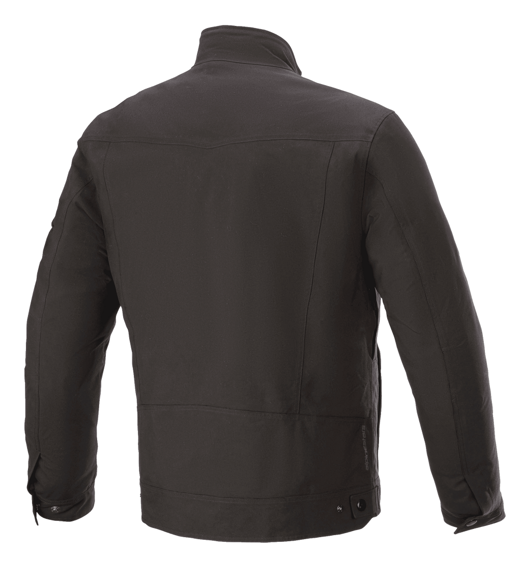 Giacca impermeabile Alpinestars Solano, nero, vista posteriore, giacca da moto urban casual, struttura in tessuto impermeabile, colletto dritto, logo discreto sulla parte inferiore della schiena