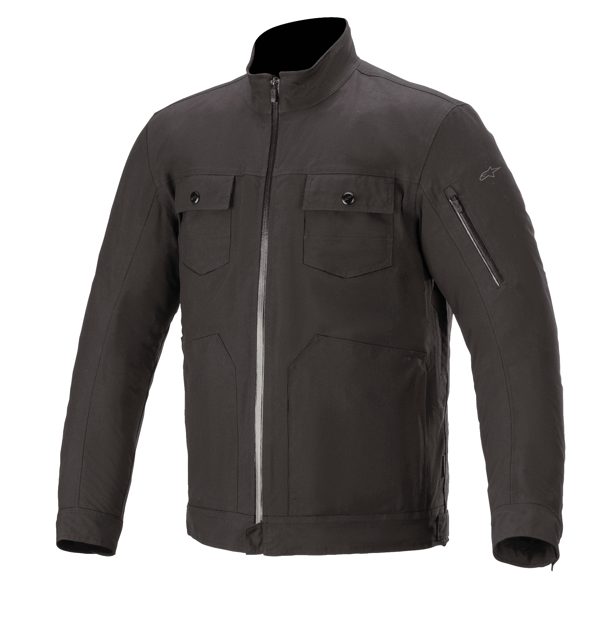 Alpinestars Solano Waterproof Jacket, giacca da moto urban, nero, collo alto dritto con cerniera impermeabile centrale, due tasche sul petto con bottoni, tasca con zip sulla manica, struttura in tessuto casual con finitura liscia