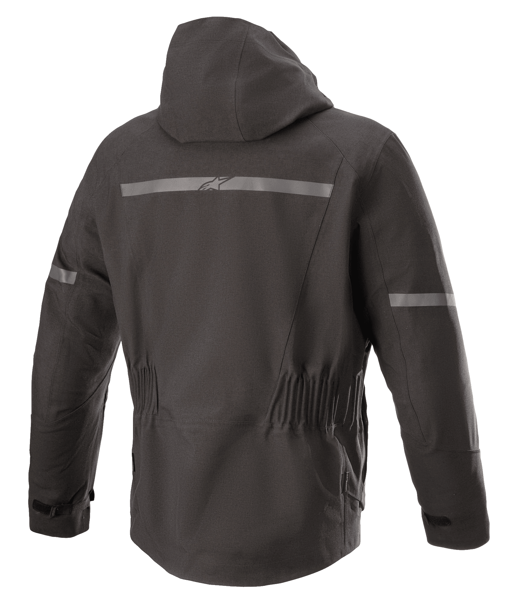 Alpinestars Sirius Drystar® Techshell Jacket, giacca da moto, Nero Melange, vista posteriore con cappuccio integrato, striscia riflettente con logo Alpinestars, vita elasticizzata e parte posteriore allungata per una maggiore copertura durante la guida.