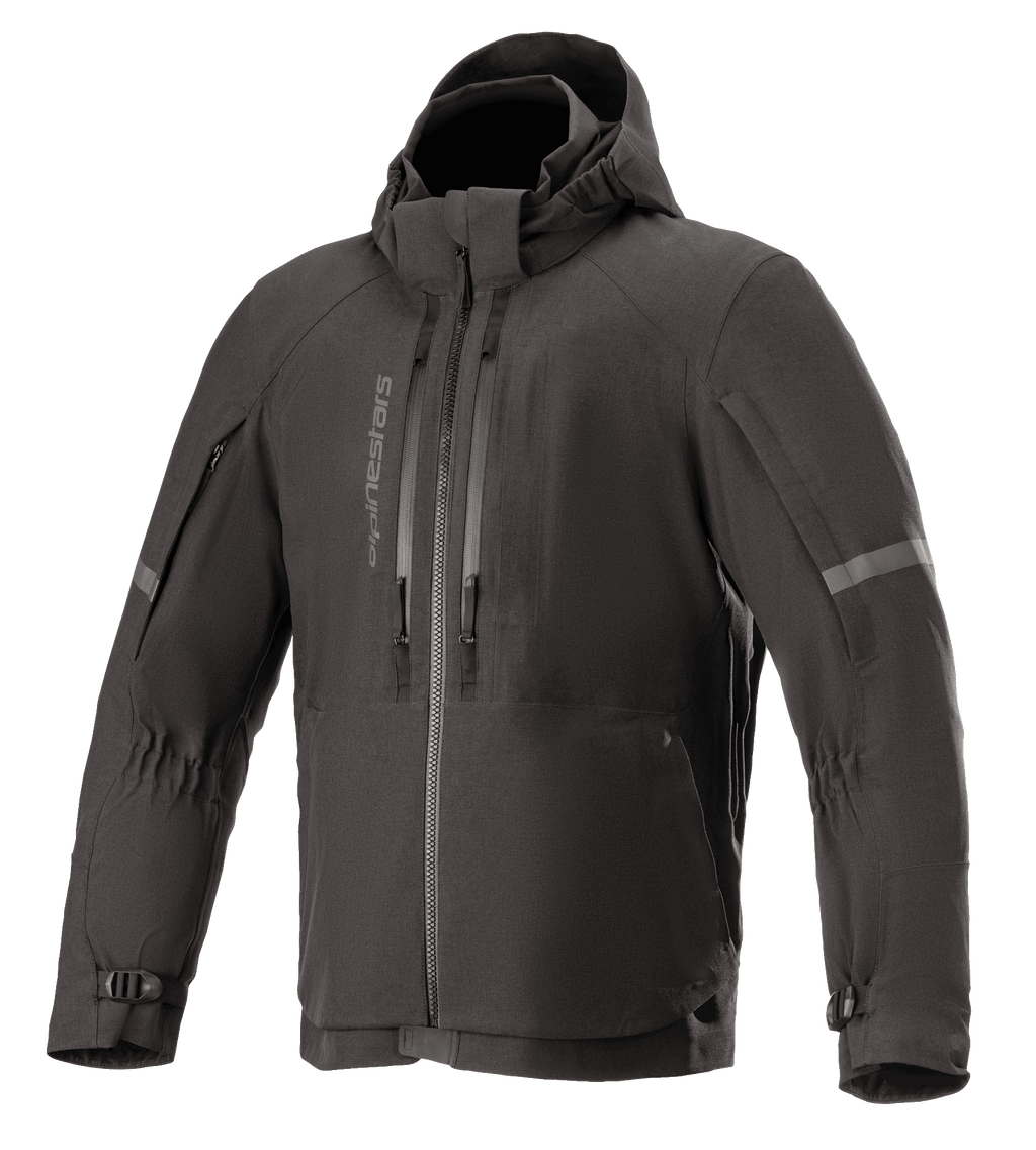 Giacca Alpinestars Sirius Drystar Techshell, giacca da moto impermeabile, nero melange, design in tessuto con cappuccio e cerniere verticali sul petto, strisce riflettenti sulle maniche e polsini regolabili con fibbia
