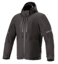 Giacca Alpinestars Sirius Drystar Techshell, giacca da moto impermeabile, nero melange, design in tessuto con cappuccio e cerniere verticali sul petto, strisce riflettenti sulle maniche e polsini regolabili con fibbia