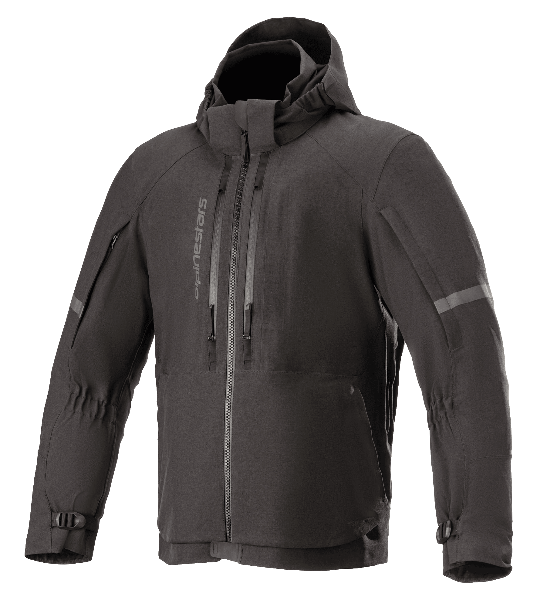 Giacca Alpinestars Sirius Drystar Techshell, giacca da moto impermeabile, nero melange, design in tessuto con cappuccio e cerniere verticali sul petto, strisce riflettenti sulle maniche e polsini regolabili con fibbia