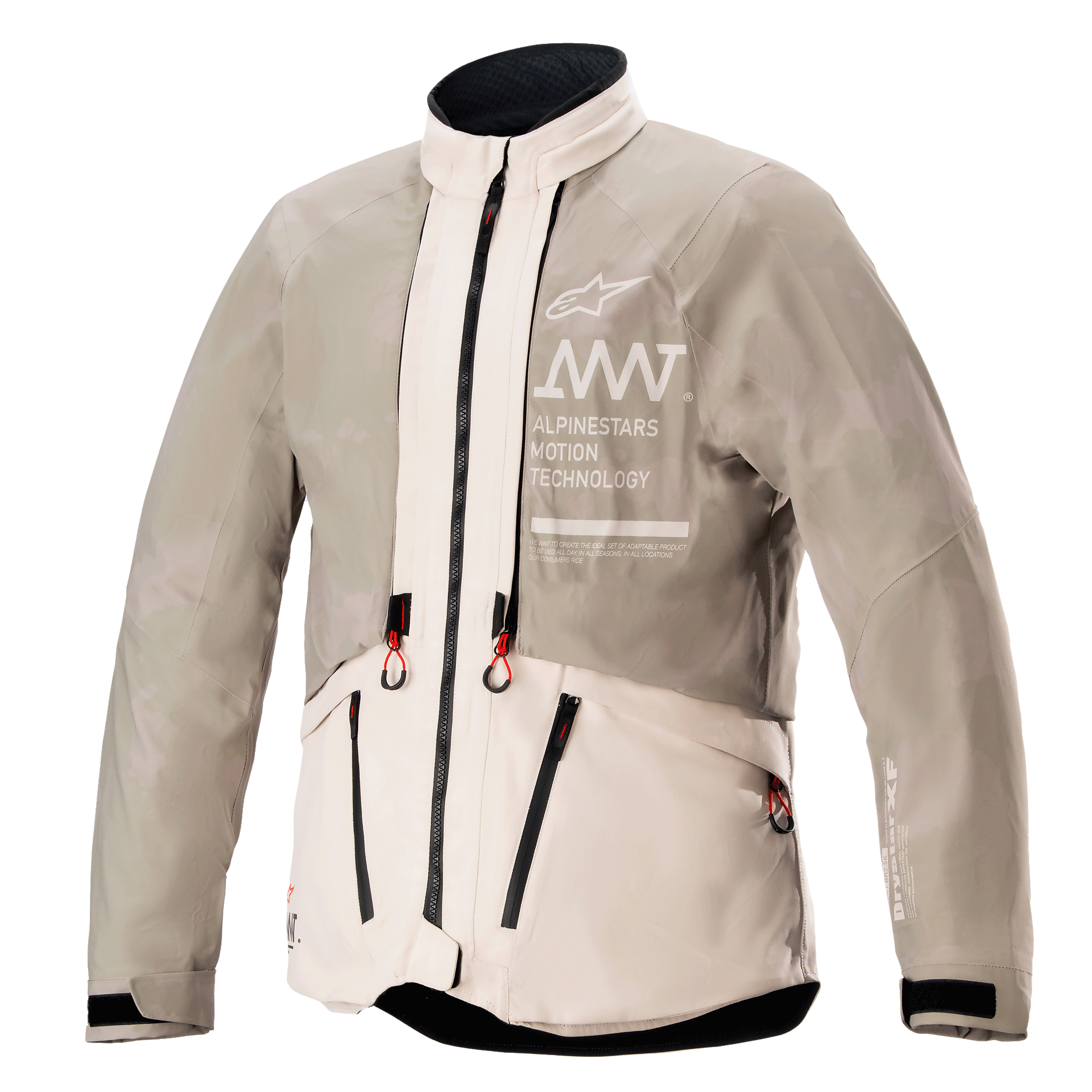 Giacca Alpinestars AMT-10LAB Drystar® XF, configurazione Rain, colore White Sand Aluminum Camo, giacca adventure impermeabile in tessuto con marchio AMT sul petto e tiralampo con punte rosse.