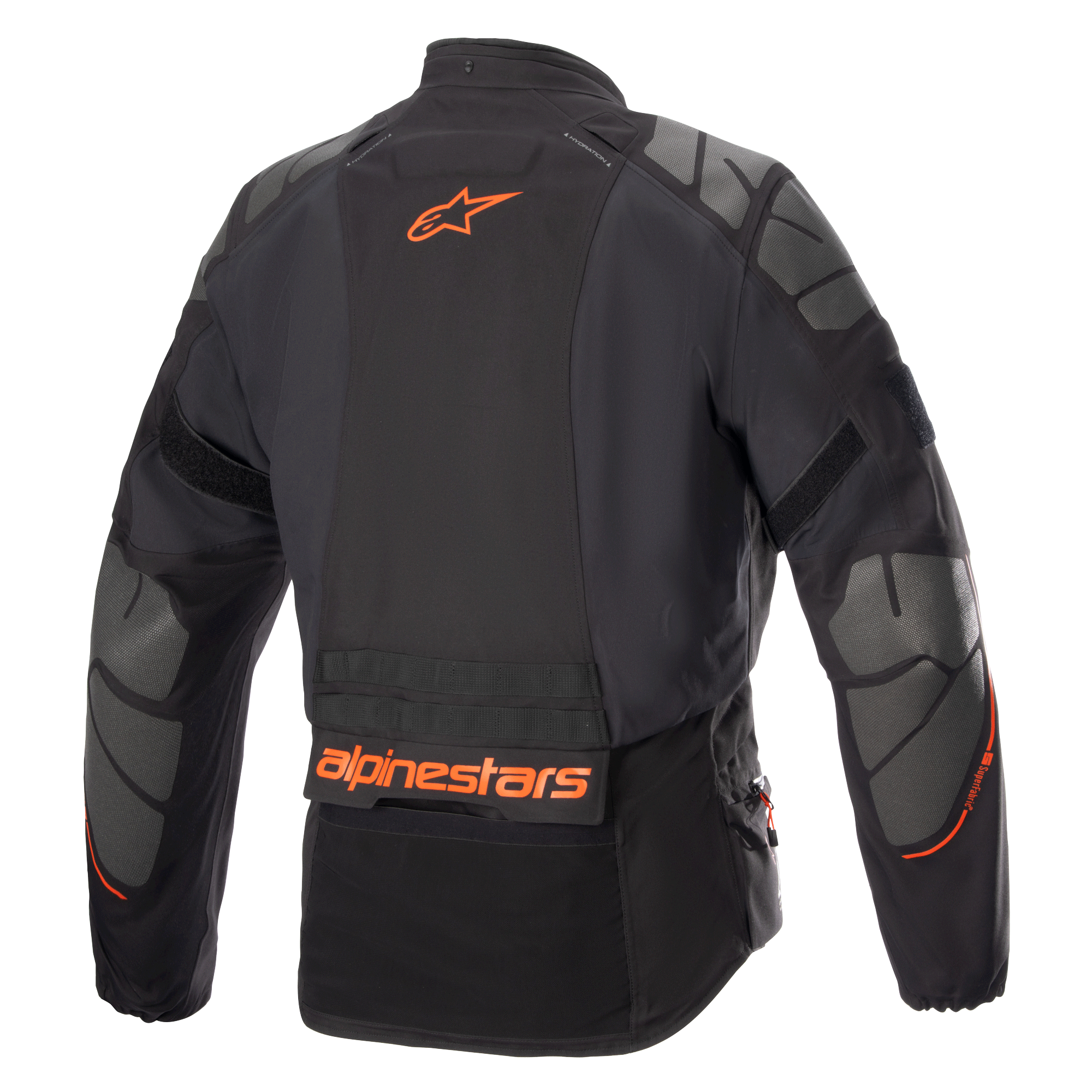 Alpinestars AMT-10R Drystar® XF Jacket, giacca da moto adventure, nero con logo Alpinestars arancione e pannelli in Superfabric grigi su spalle e gomiti, vista posteriore, abbigliamento tecnico da moto multi-stagione