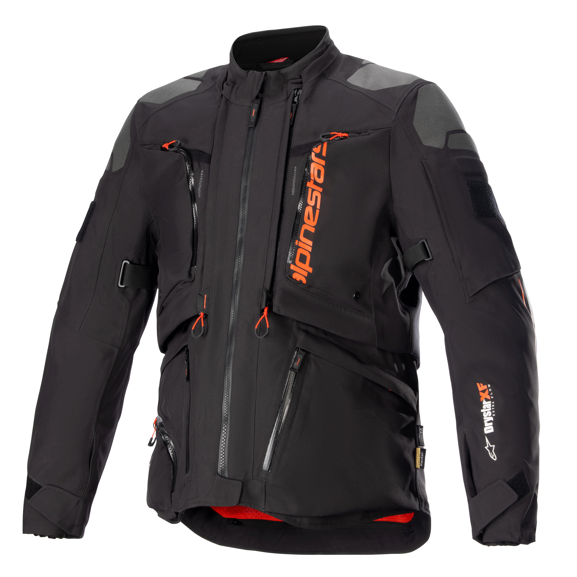 Giacca Alpinestars AMT-10R Drystar XF, nero e arancione, giacca da moto adventure touring, inserti grigi sulle spalle, cerniere multiple con tiranti arancioni, cinghie regolabili, fodera interna rossa, abbigliamento tecnico protettivo