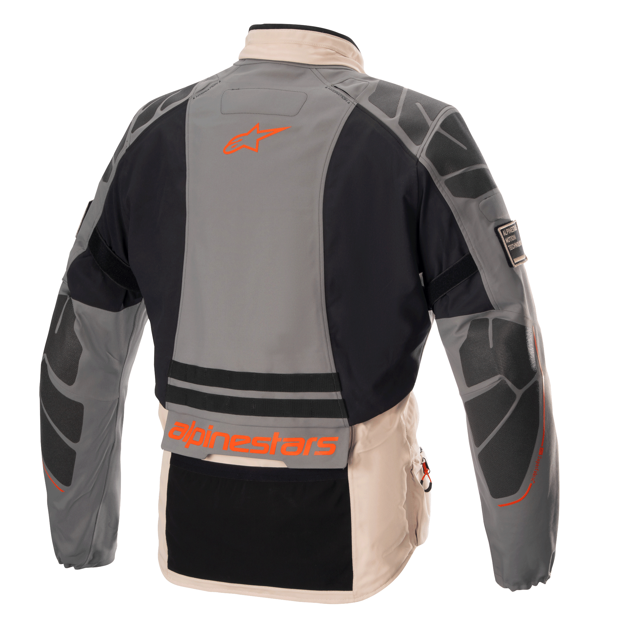 Giacca Alpinestars AMT-10R Drystar® XF, giacca da moto adventure, Fur Gray, Pale Brown e Spicy Orange, vista posteriore con rinforzi protettivi su spalle e gomiti, logo e marchio Alpinestars arancioni, design modulare in tessuto per ogni condizione atmosferica