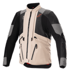 Giacca Alpinestars AMT-10R Drystar XF in configurazione heat, giacca da moto adventure, grigio fur e marrone chiaro con pannelli in mesh neri, design modulare per la massima circolazione dell'aria, con tasche utility e logo Alpinestars Spicy Orange sul petto
