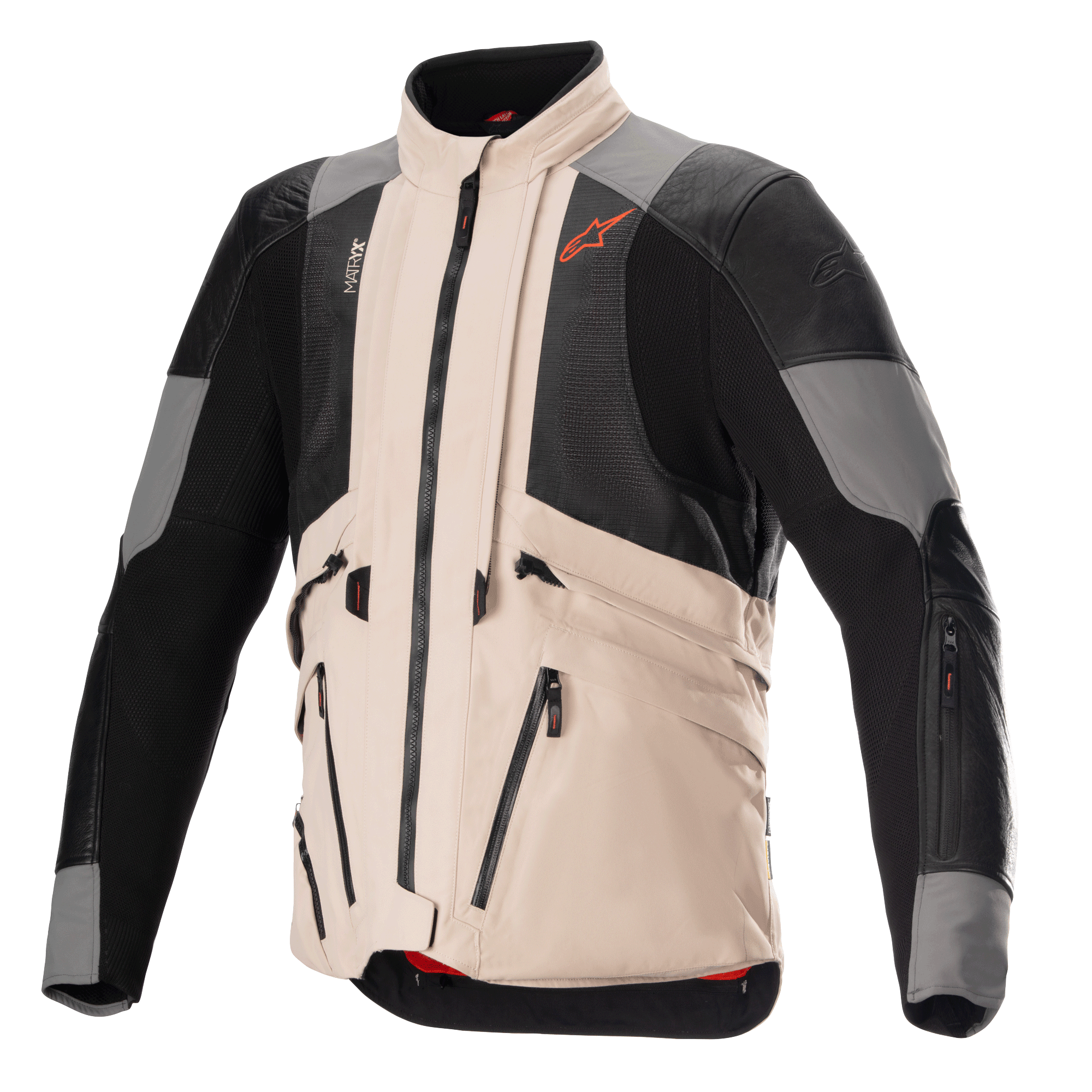 Giacca Alpinestars AMT-10R Drystar XF in configurazione heat, giacca da moto adventure, grigio fur e marrone chiaro con pannelli in mesh neri, design modulare per la massima circolazione dell'aria, con tasche utility e logo Alpinestars Spicy Orange sul petto