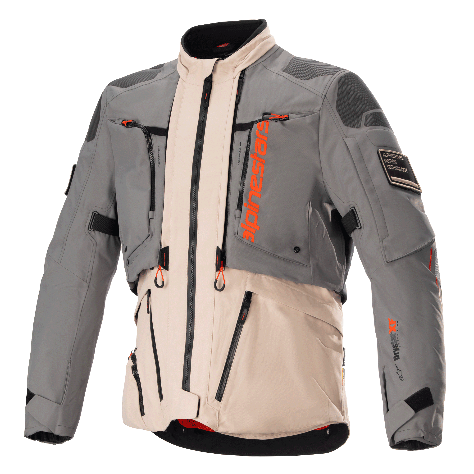 Giacca Alpinestars AMT-10R Drystar XF, giacca da moto adventure touring, grigio e marrone chiaro con dettagli arancioni, costruzione modulare in tessuto con cerniere frontali, pannelli rinforzati su spalle e gomiti e colletto alto, abbigliamento protettivo professionale