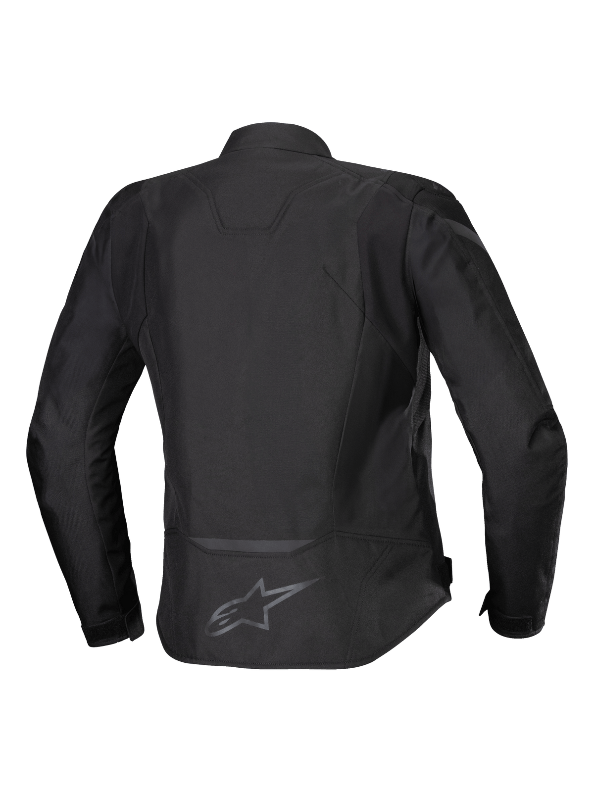 Alpinestars Stella T-Jaws V4 Waterproof Jacket, giacca da moto in tessuto da donna, nero su nero, vista posteriore con silhouette sportiva ergonomica, dettagli riflettenti e logo sulla parte bassa della schiena