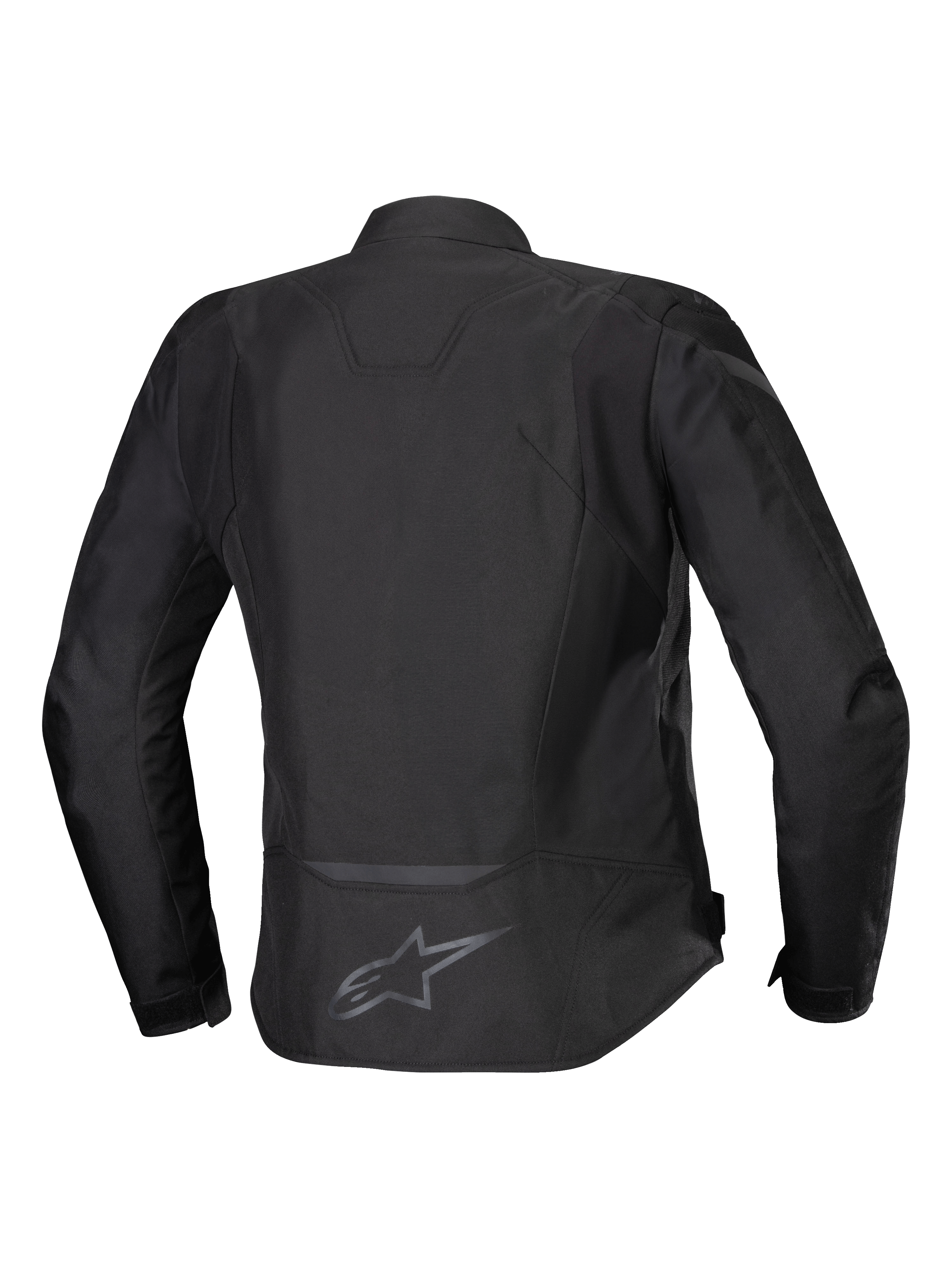 Alpinestars Stella T-Jaws V4 Waterproof Jacket, giacca da moto in tessuto da donna, nero su nero, vista posteriore con silhouette sportiva ergonomica, dettagli riflettenti e logo sulla parte bassa della schiena