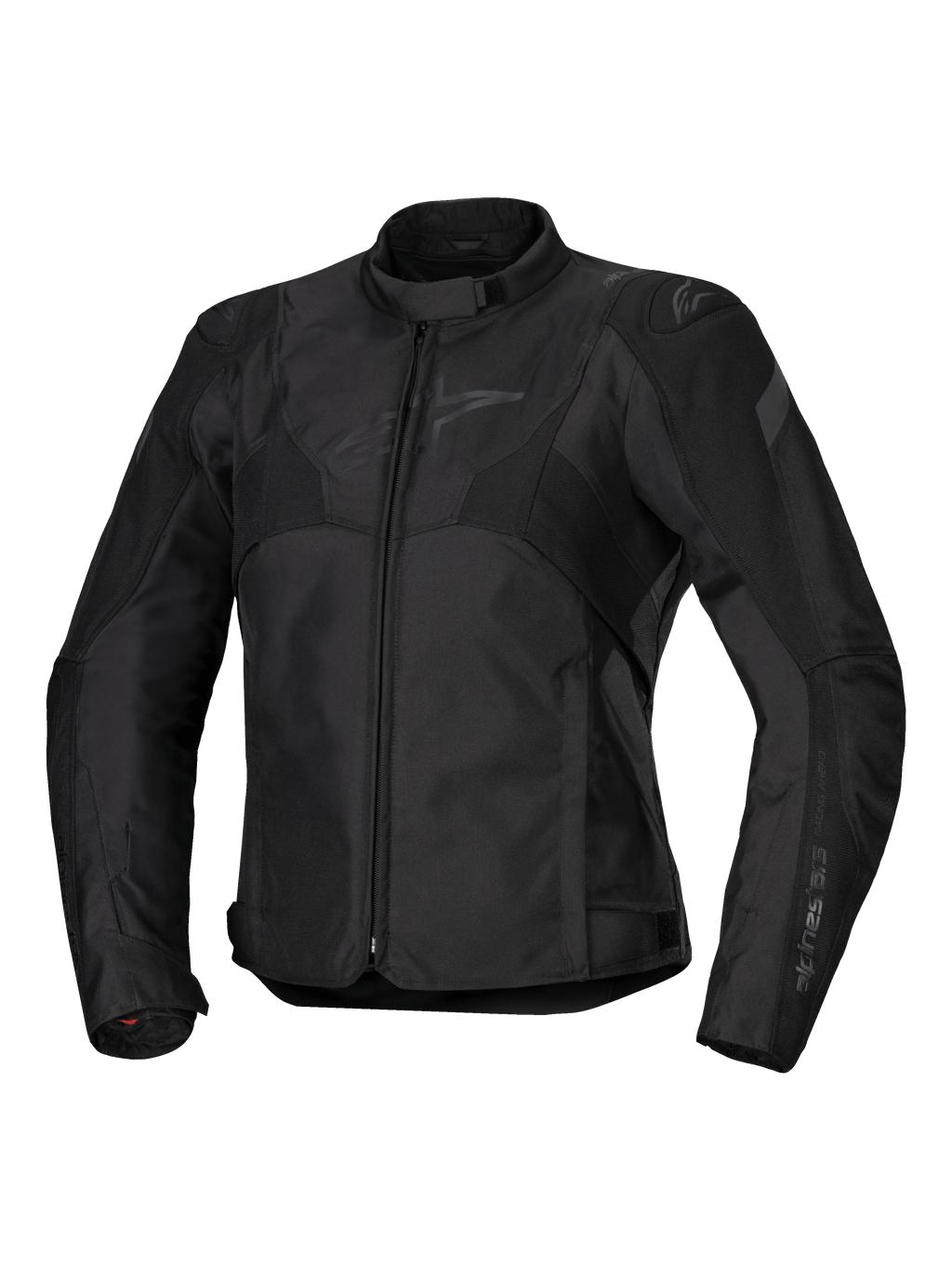 Alpinestars Stella T-Jaws V4 Waterproof Jacket, giacca da moto da donna, nero su nero, chiusura frontale con zip, colletto ergonomico, logo Alpinestars discreto sul petto, struttura in tessuto resistente con vestibilità sportiva d'ispirazione racing