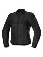 Alpinestars Stella T-Jaws V4 Waterproof Jacket, giacca da moto da donna, nero su nero, chiusura frontale con zip, colletto ergonomico, logo Alpinestars discreto sul petto, struttura in tessuto resistente con vestibilità sportiva d'ispirazione racing