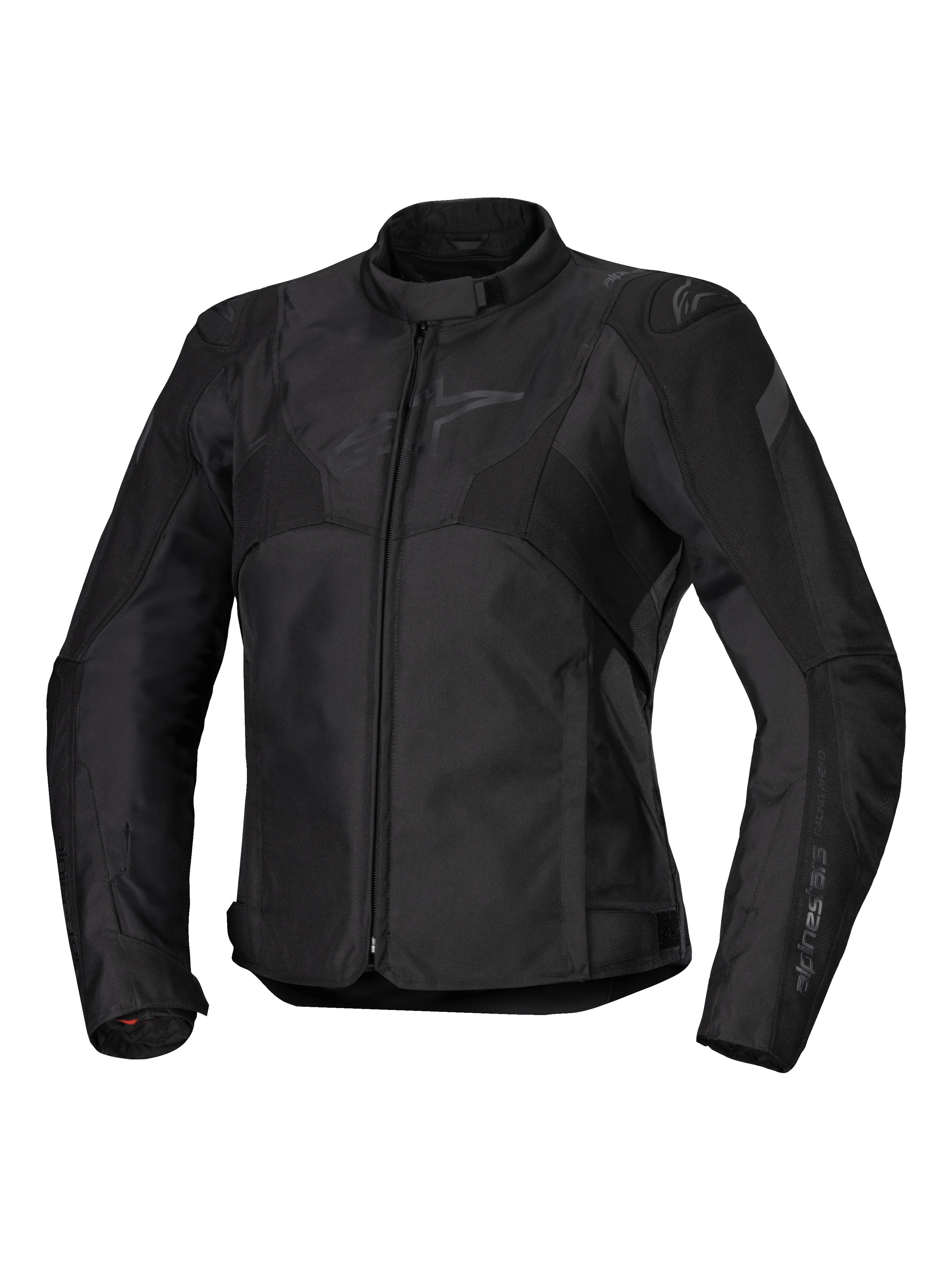 Alpinestars Stella T-Jaws V4 Waterproof Jacket, giacca da moto da donna, nero su nero, chiusura frontale con zip, colletto ergonomico, logo Alpinestars discreto sul petto, struttura in tessuto resistente con vestibilità sportiva d'ispirazione racing